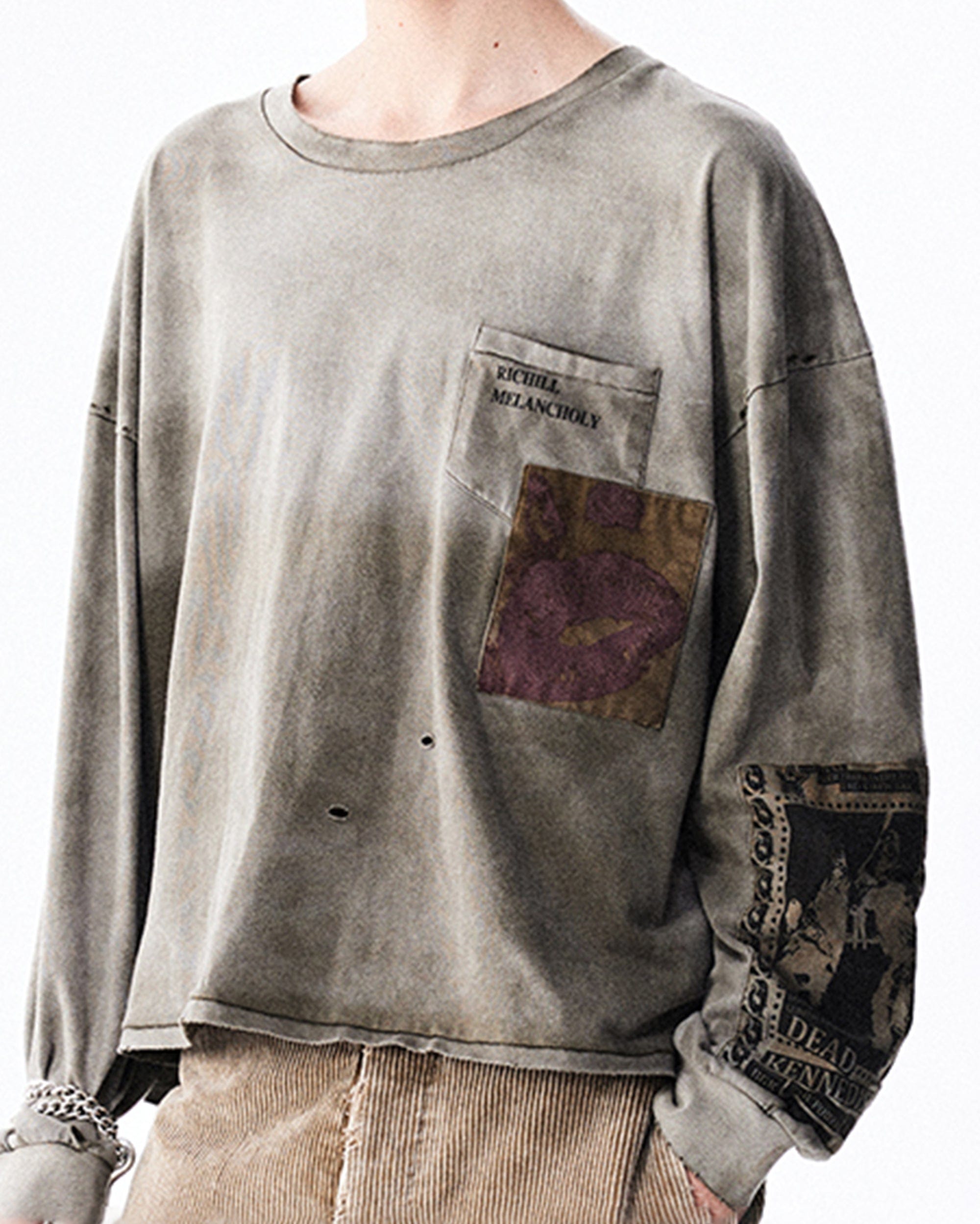 RICHILL Patchwork Ripped Washed Long-Sleeve Tee