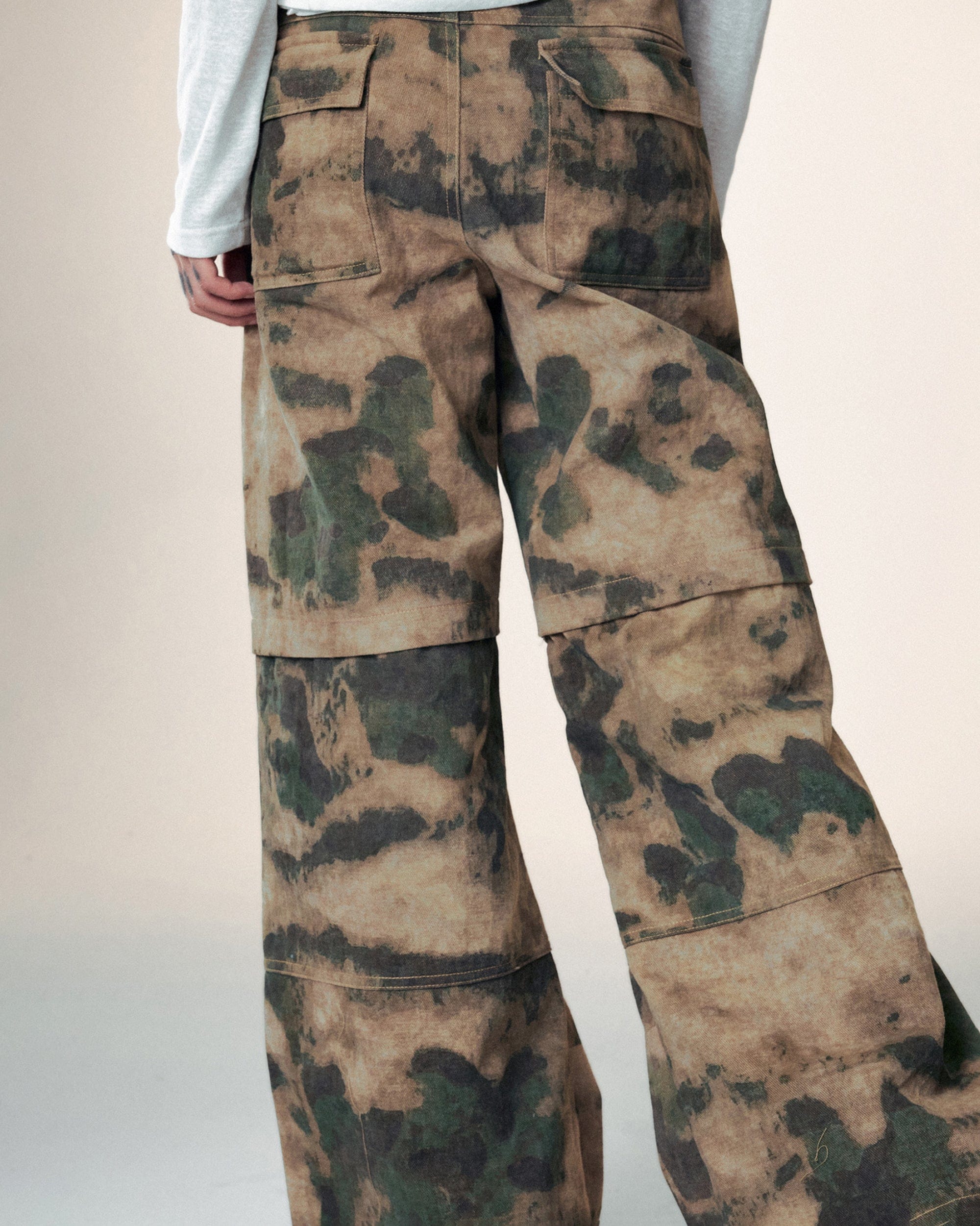 1997 POSTOFFICE Modern Layered Deconstructed Camo Pants, premium urban and streetwear designers apparel on PROJECTISR.com, 1997 POSTOFFICE