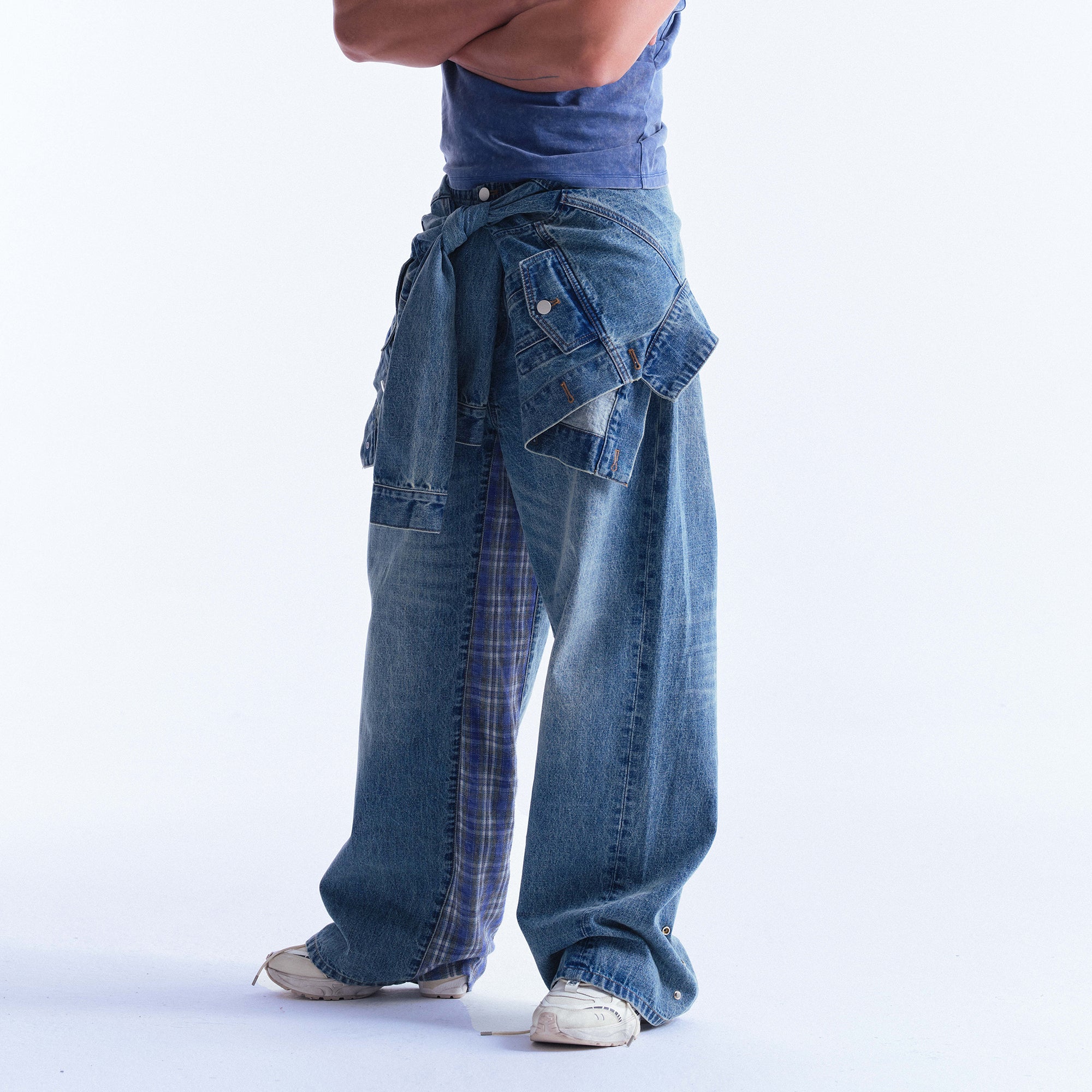 INTERRUPT Plaid Spliced Faux Two-Piece Wide-Leg Jeans