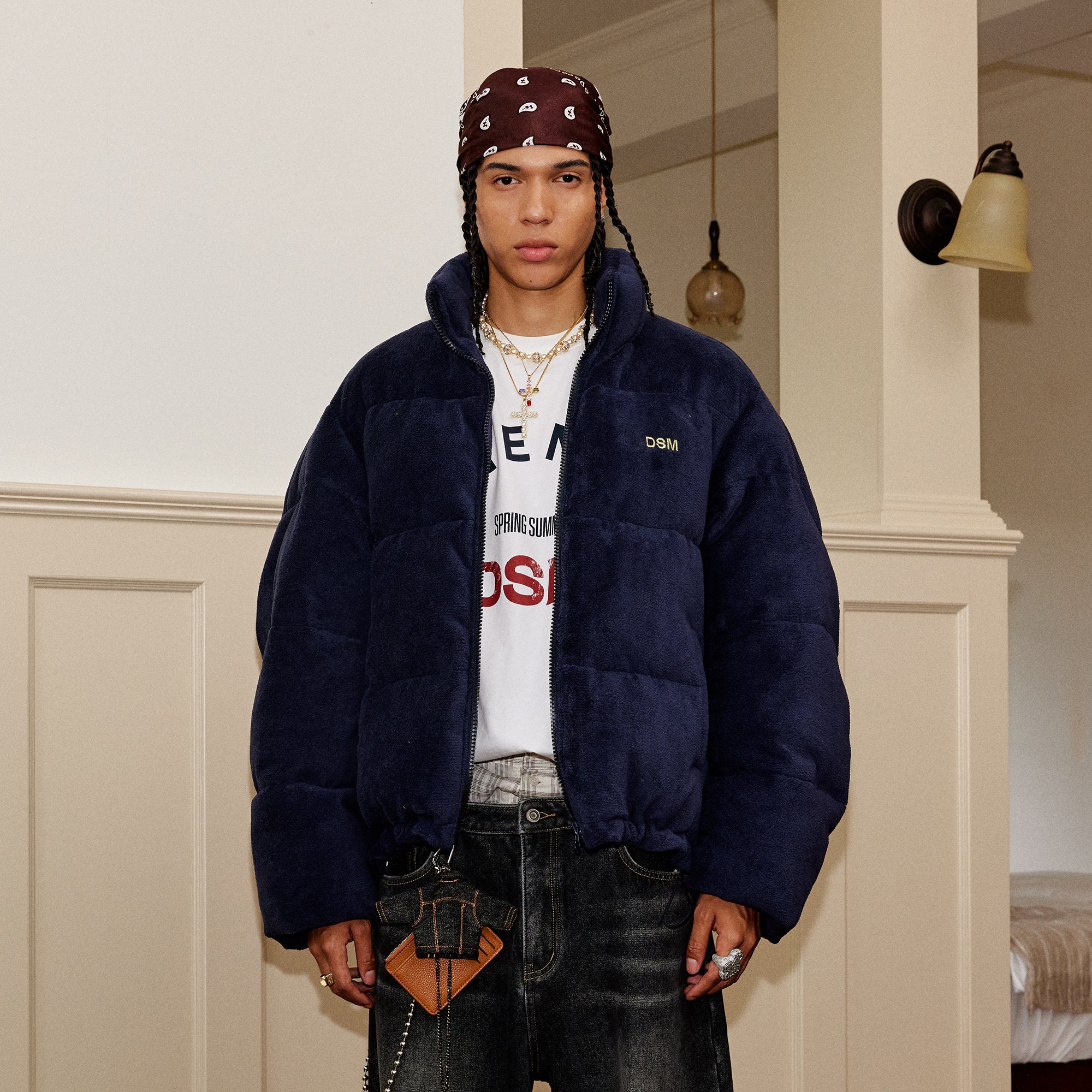 DONSMOKE Quilted Embroidered Slogan Jacket