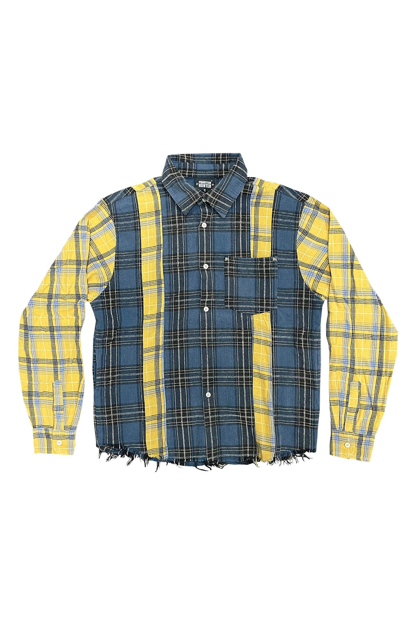 PHANTOMHUNTER Plaid Spliced Frayed Shirt, premium urban and streetwear designers apparel on PROJECTISR.com, PHANTOMHUNTER