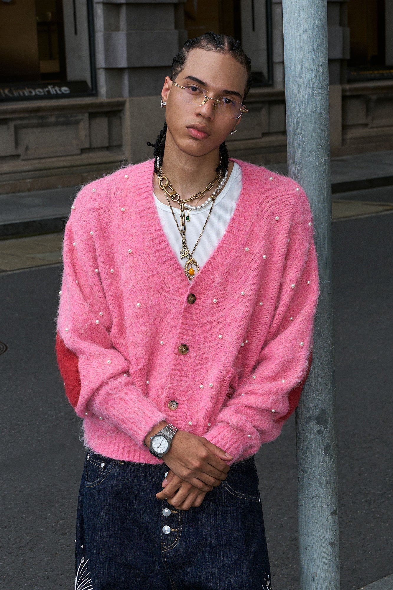 STEEPC Pearl-Studded Contrast Elbow Patch Cardigan