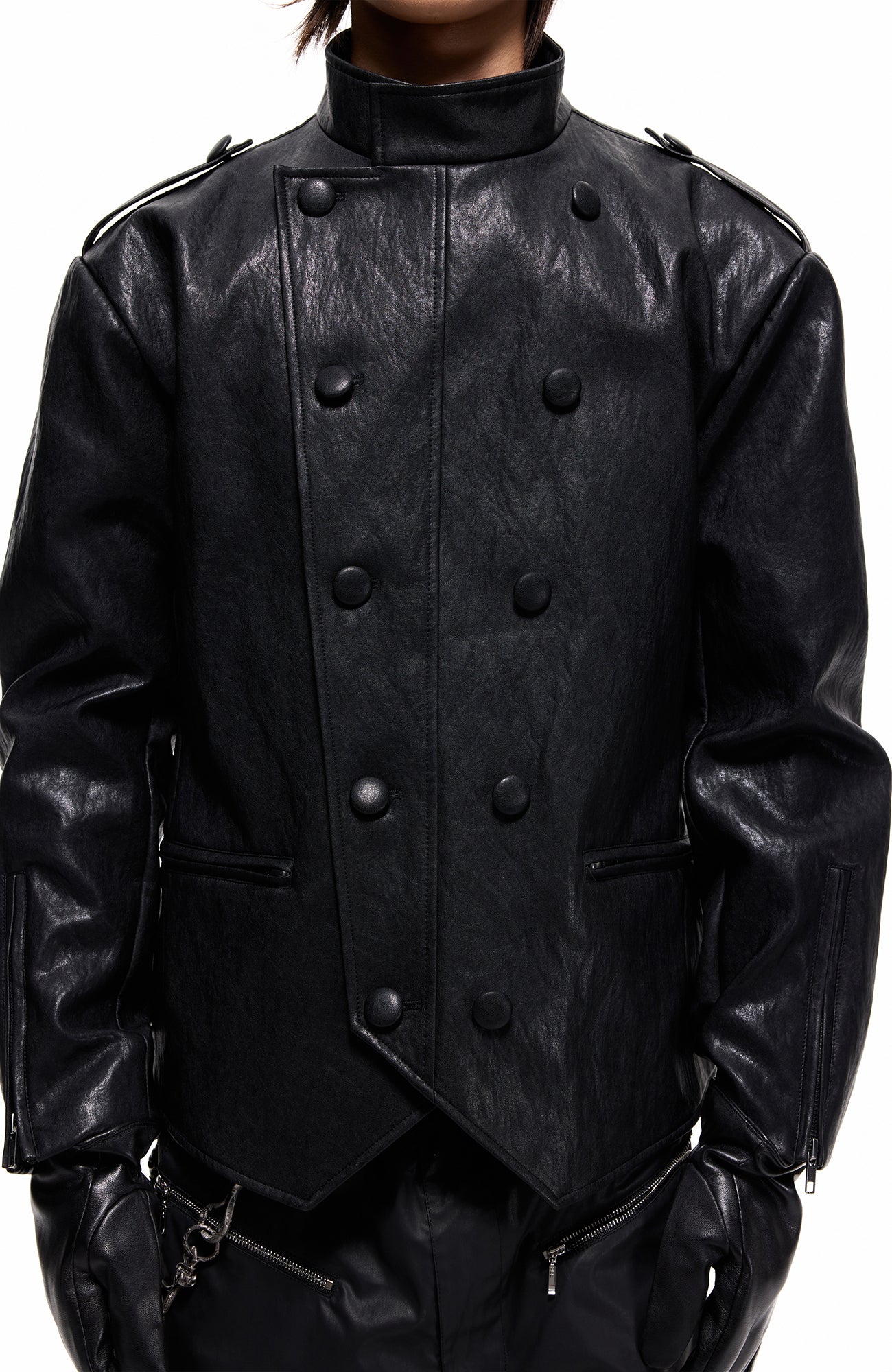 2000RSK Napoleon-Button Faux Leather Knight Jacket