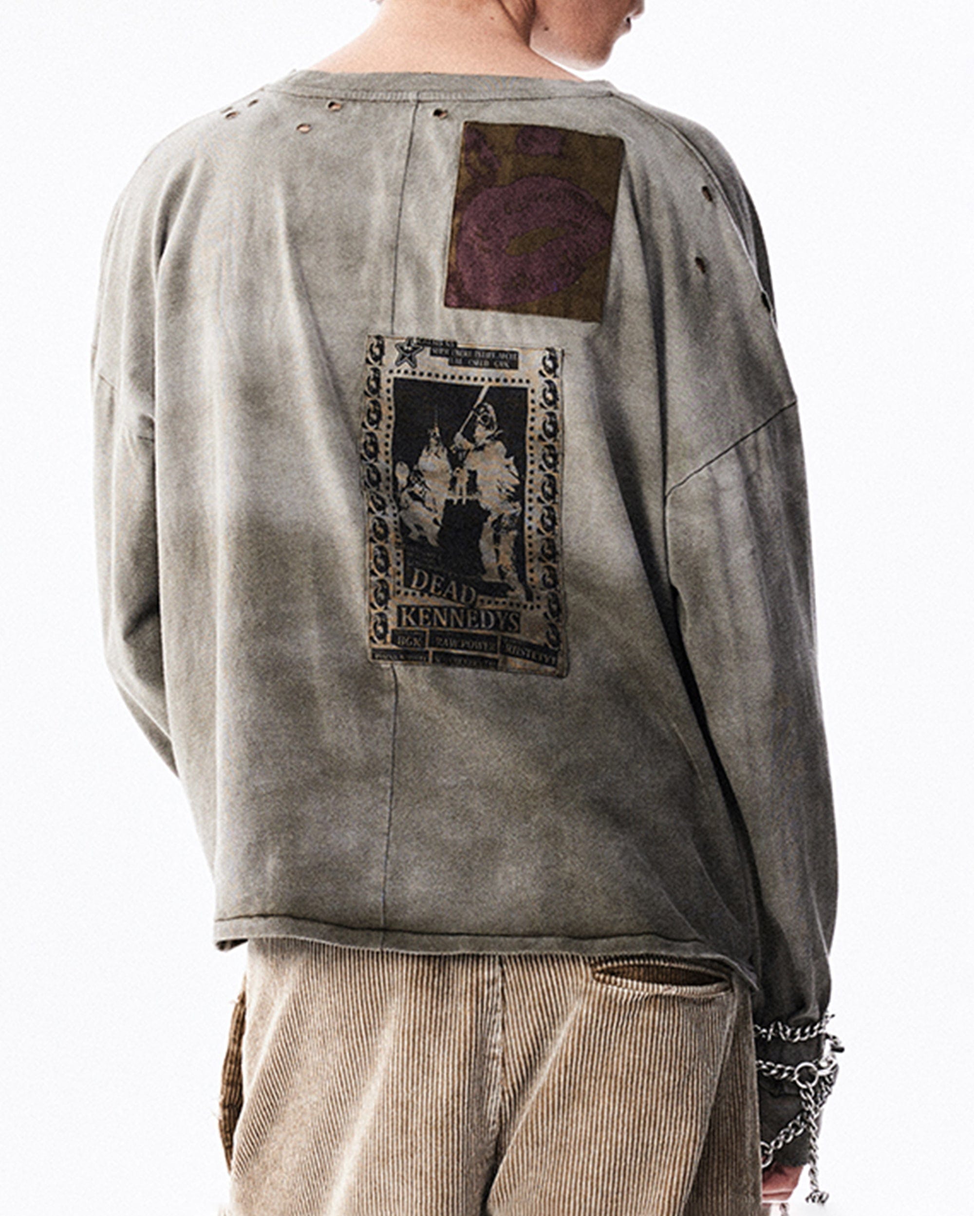 RICHILL Patchwork Ripped Washed Long-Sleeve Tee