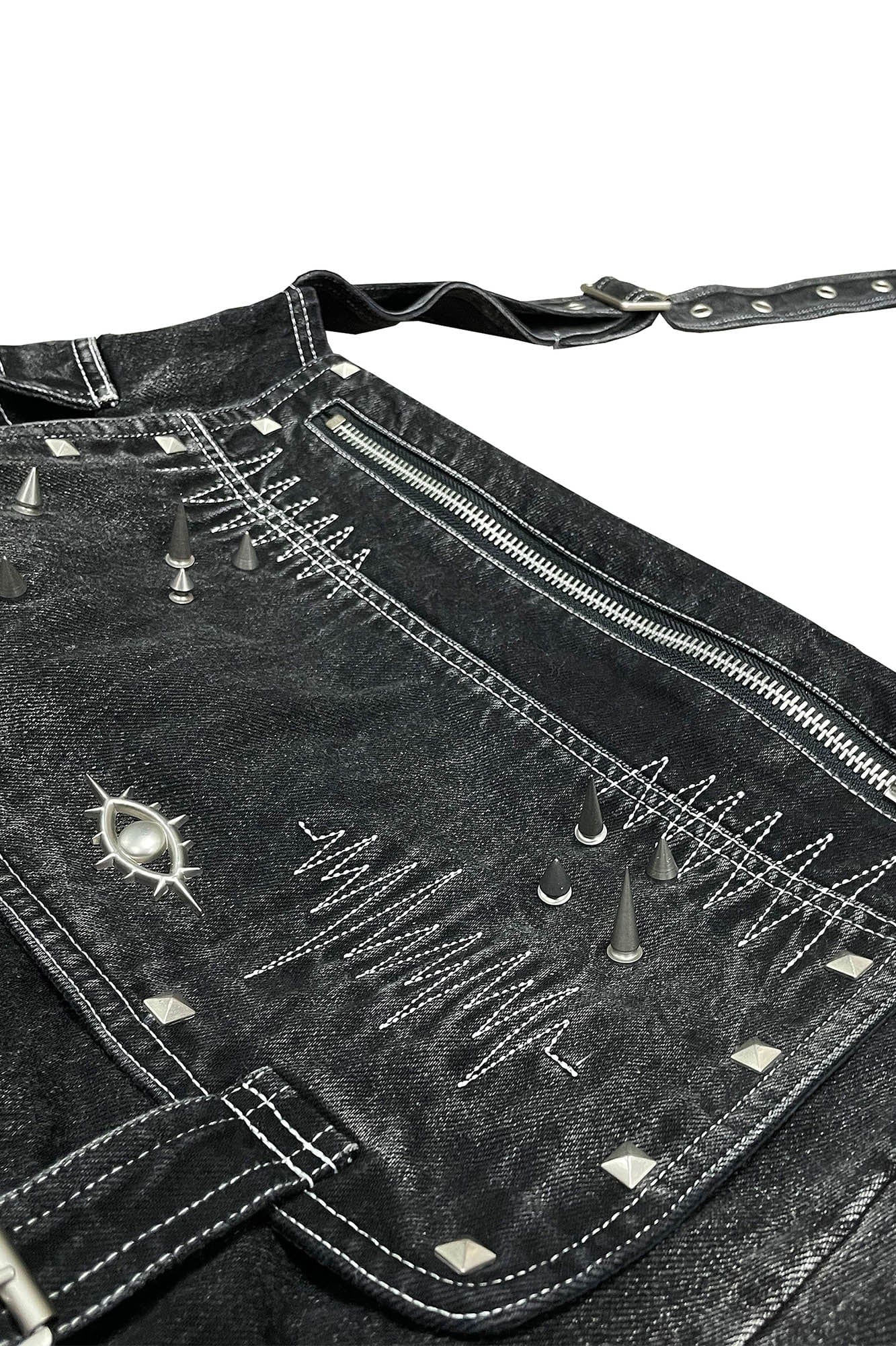 PHANTOMHUNTER Stitches Distressed Strap Denim Shoulder Bag