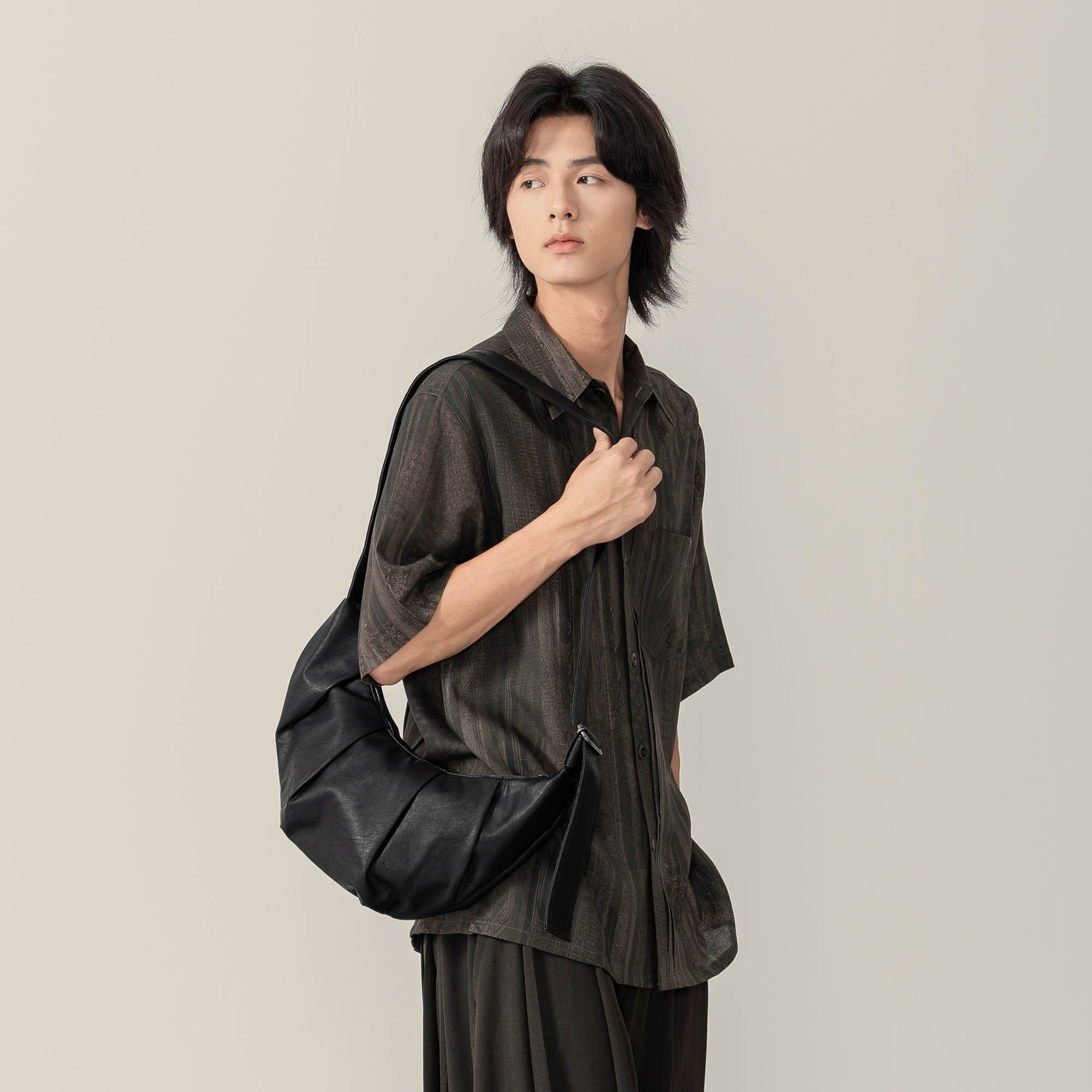 MOITIEDEPETALE Pleated Waxed Leather Croissant Bag