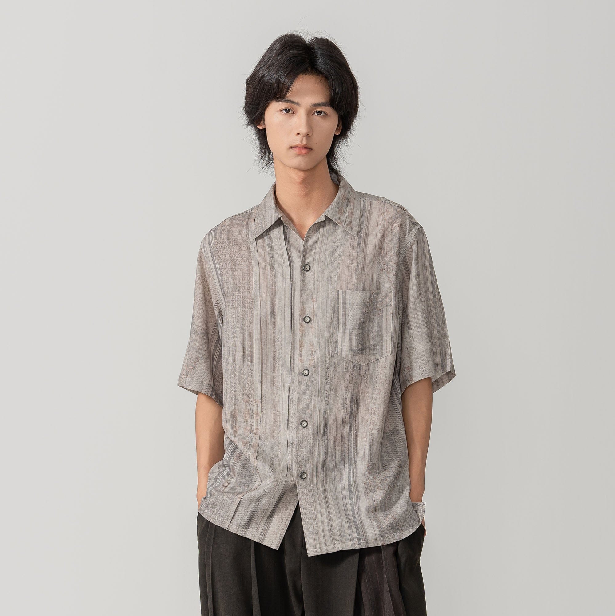 MOITIEDEPETALE Striped Pocket Linen-Blend Half Shirt, premium urban and streetwear designers apparel on PROJECTISR.com, MOITIEDEPETALE