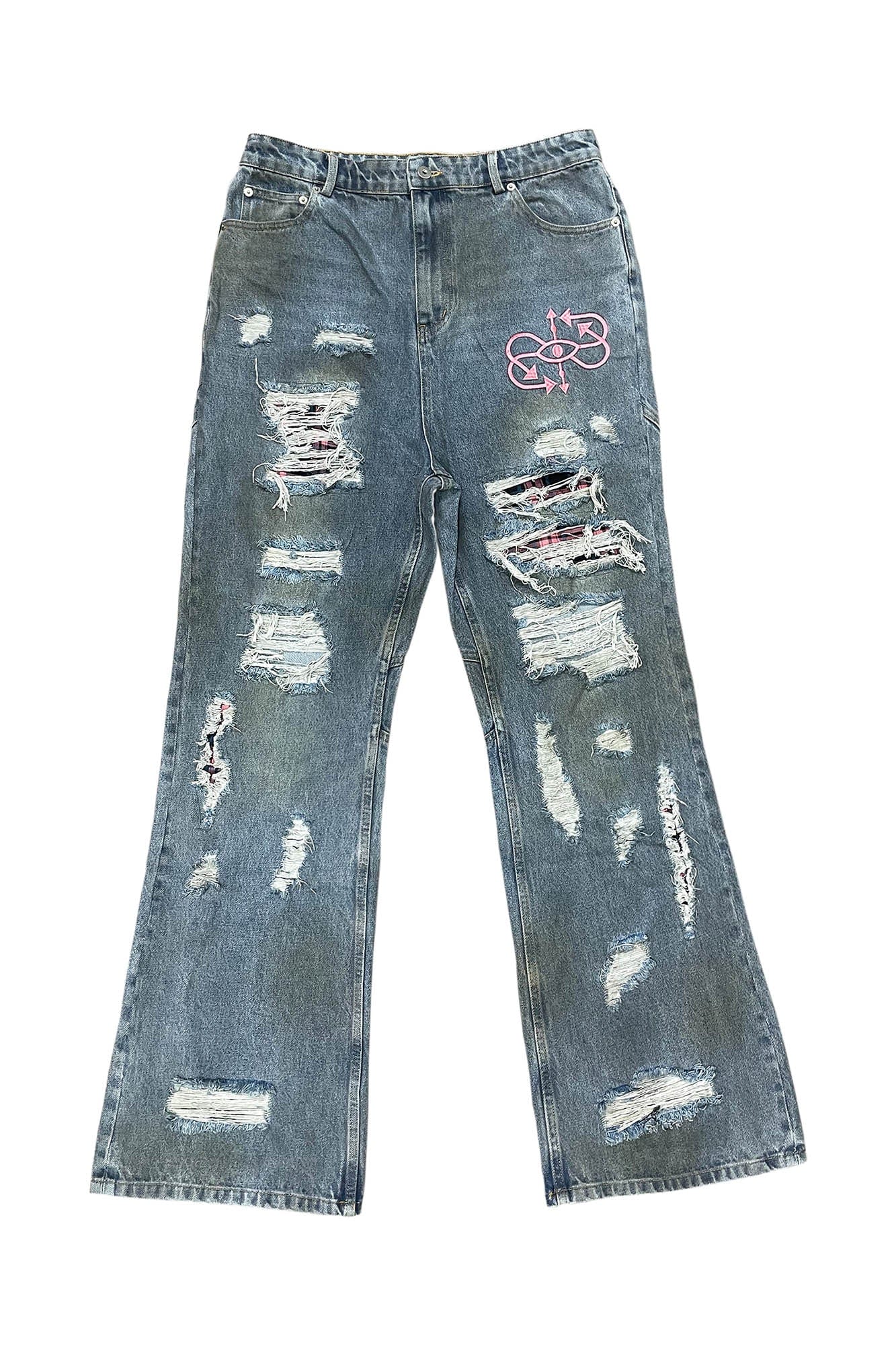 PHANTOMHUNTER Distressed Plaid-Patched Ripped Jeans