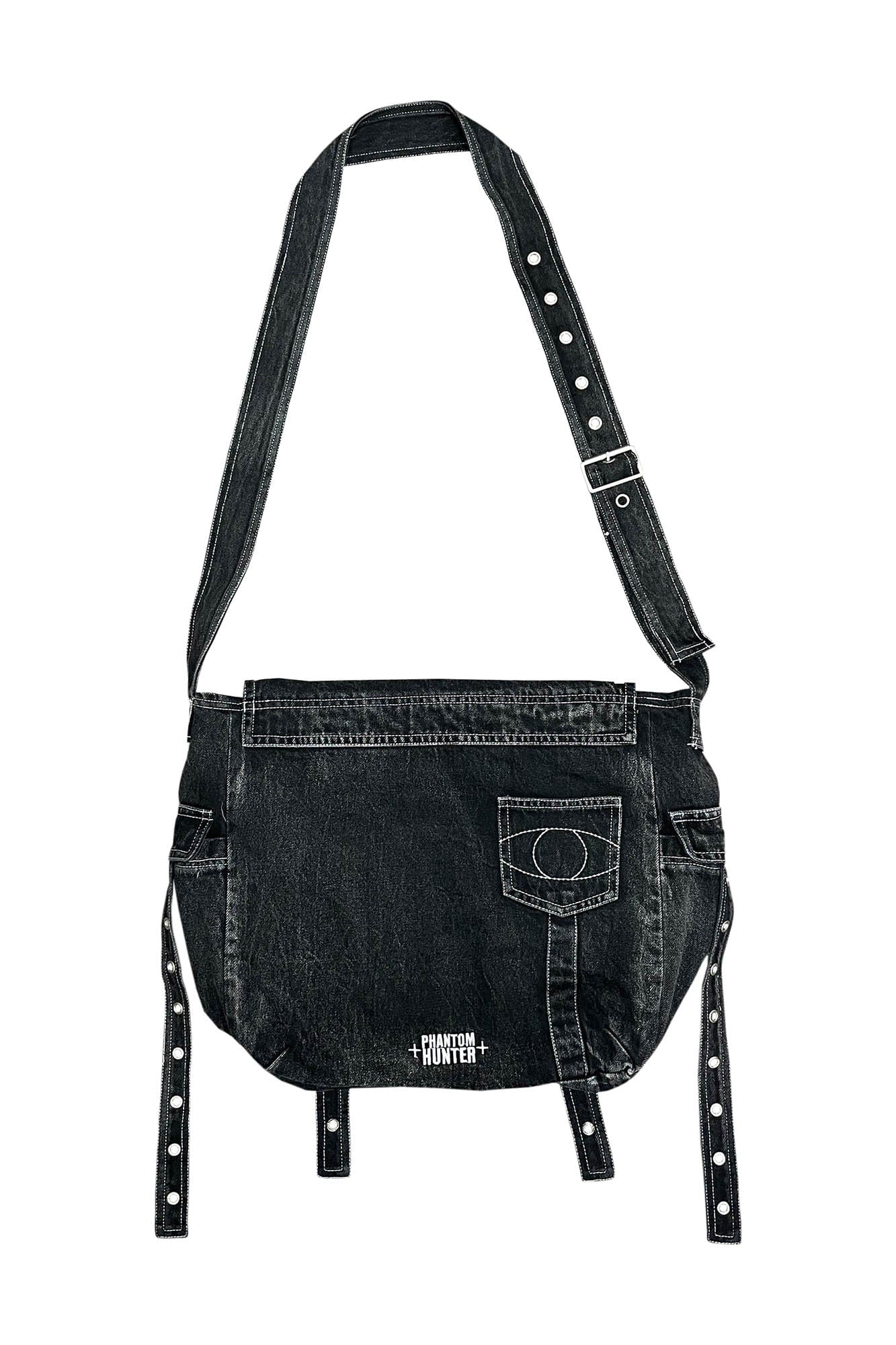 PHANTOMHUNTER Stitches Distressed Strap Denim Shoulder Bag