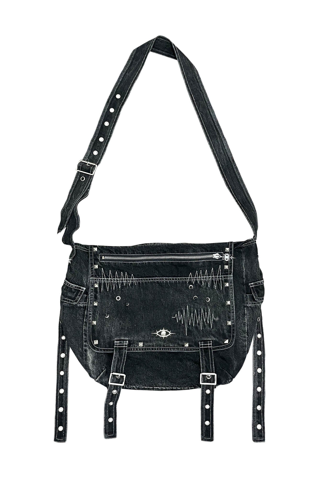 PHANTOMHUNTER Stitches Distressed Strap Denim Shoulder Bag