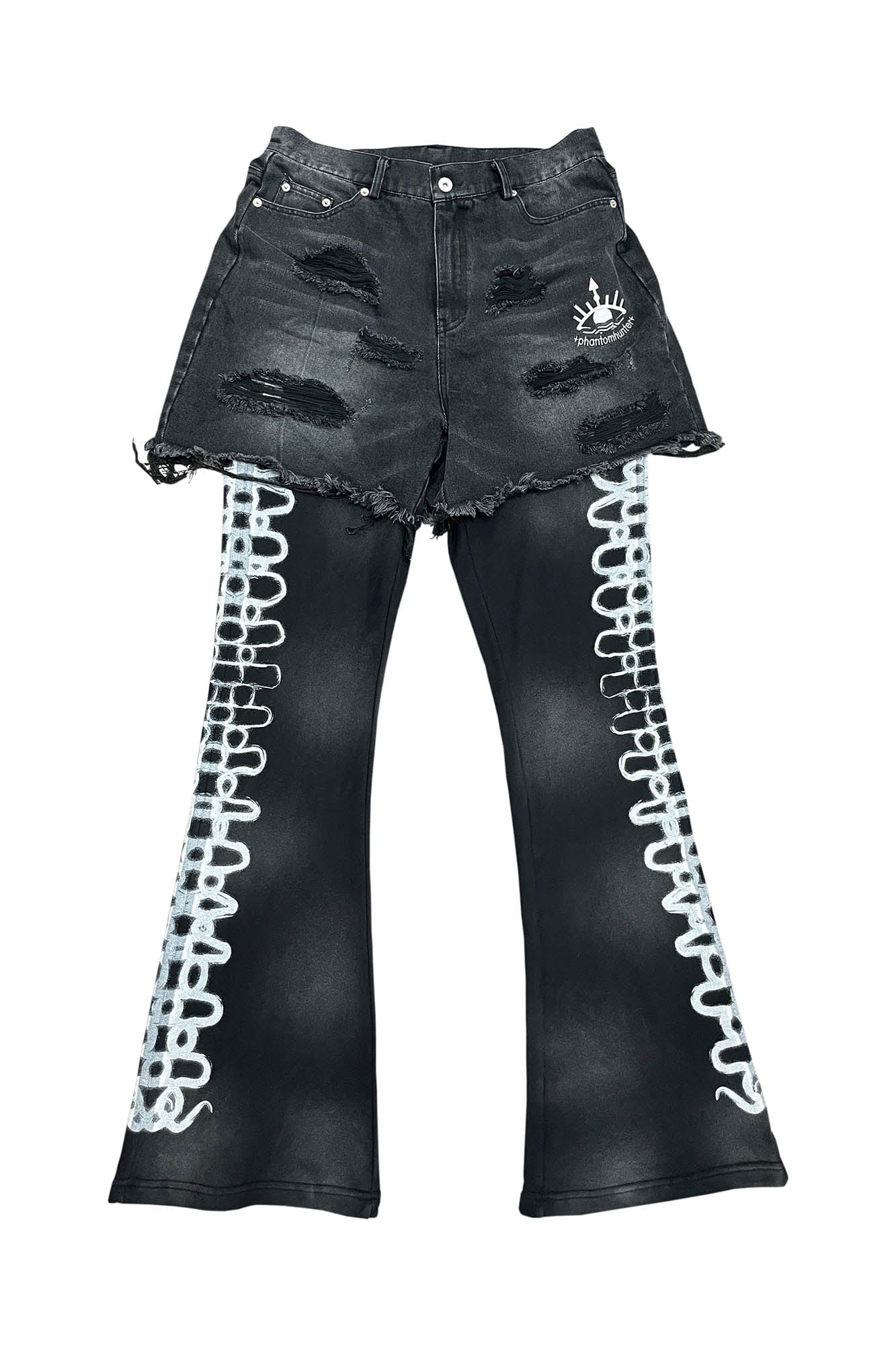 PHANTOMHUNTER Layered Ripped Spray-Painted Flared Jeans