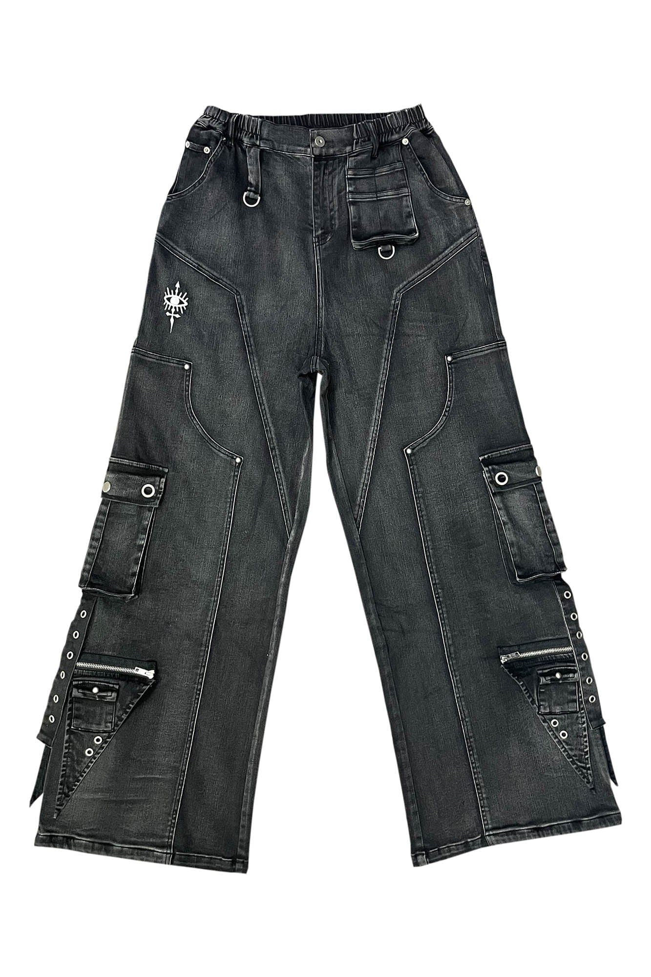 PHANTOMHUNTER Distressed Strap Paneled Wide-Leg Denim Cargo, premium urban and streetwear designers apparel on PROJECTISR.com, PHANTOMHUNTER