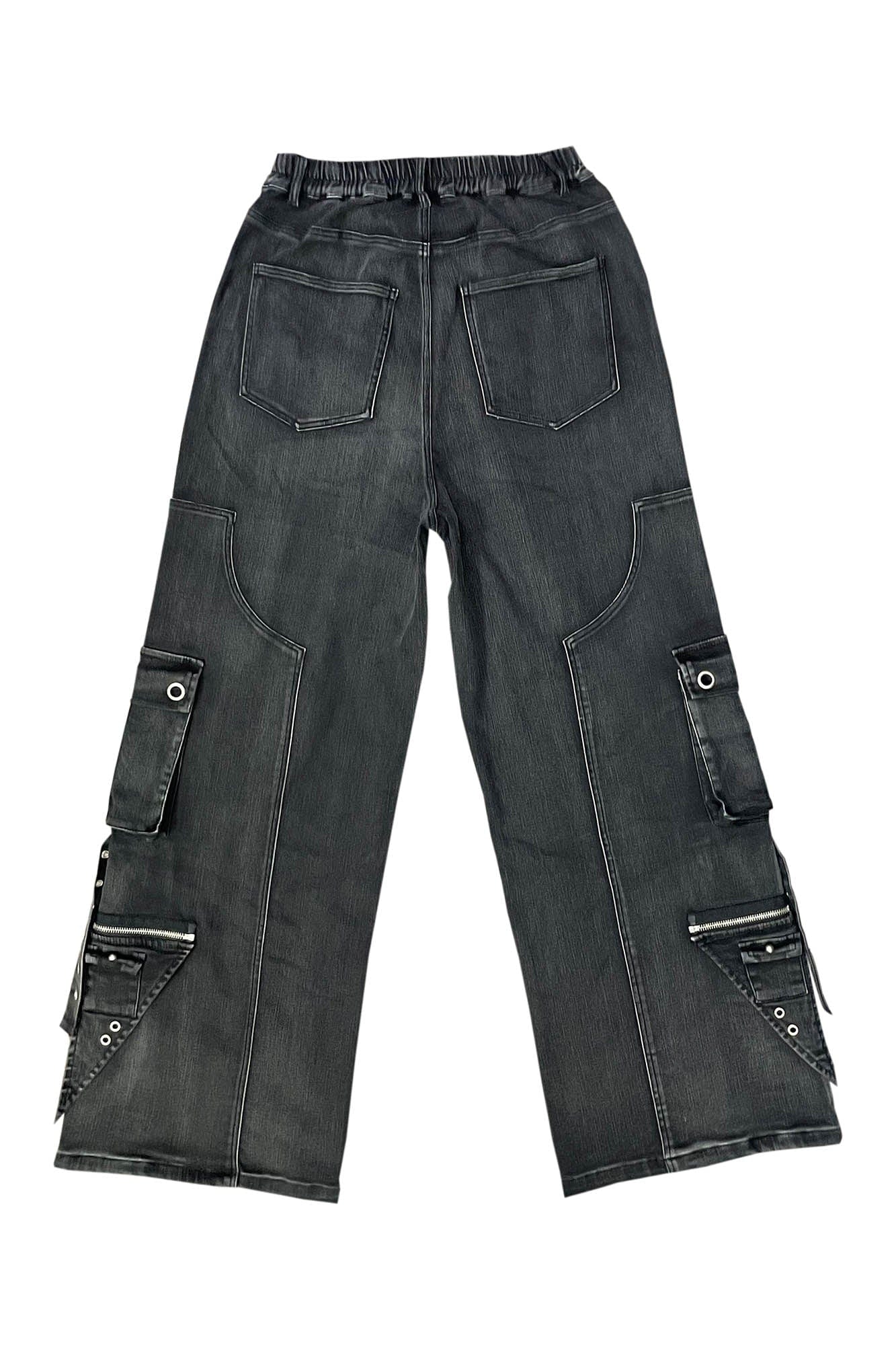 PHANTOMHUNTER Distressed Strap Paneled Wide-Leg Denim Cargo, premium urban and streetwear designers apparel on PROJECTISR.com, PHANTOMHUNTER