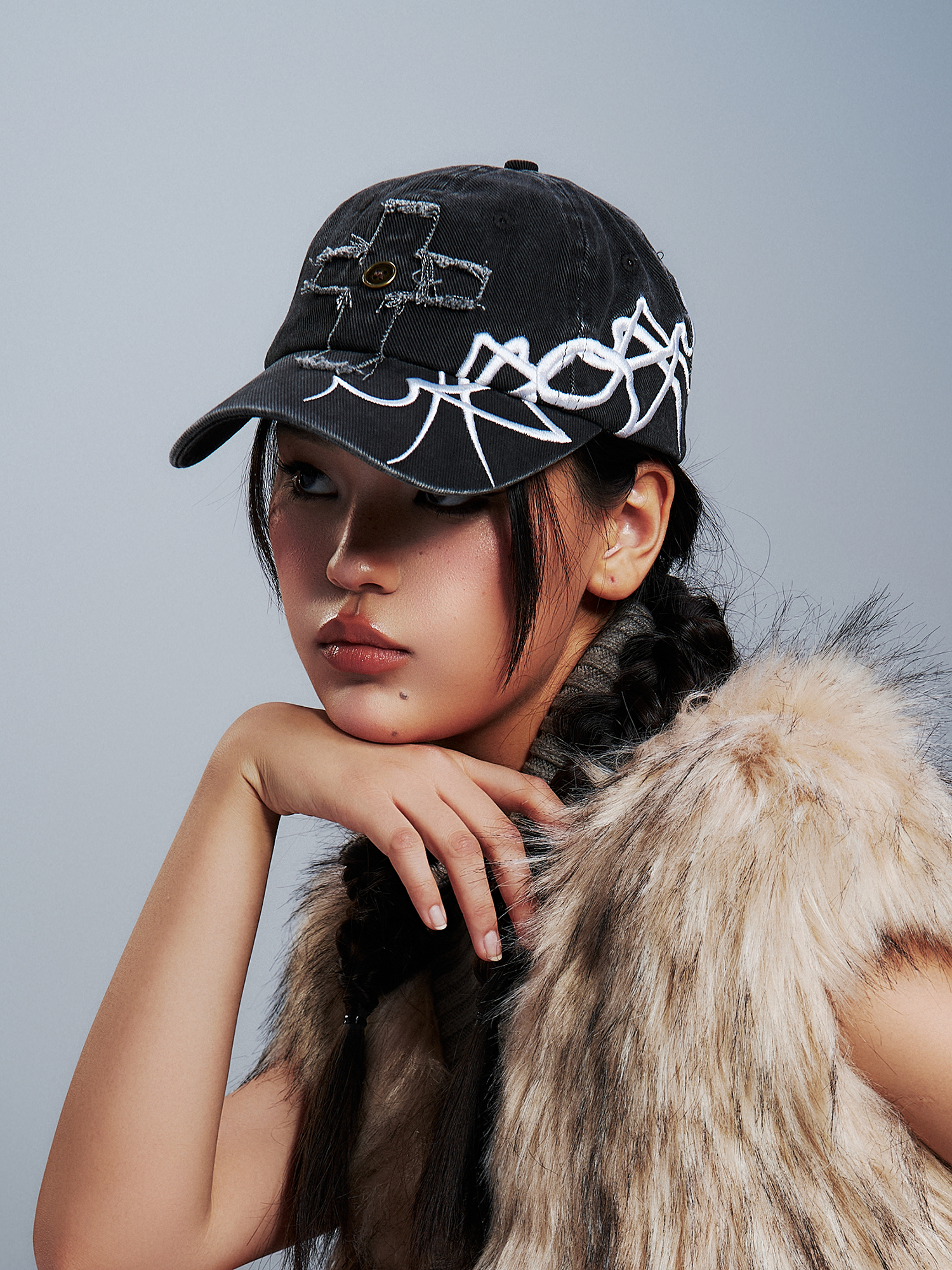 SANB Distressed Cross-Patch Embroidered Denim Cap