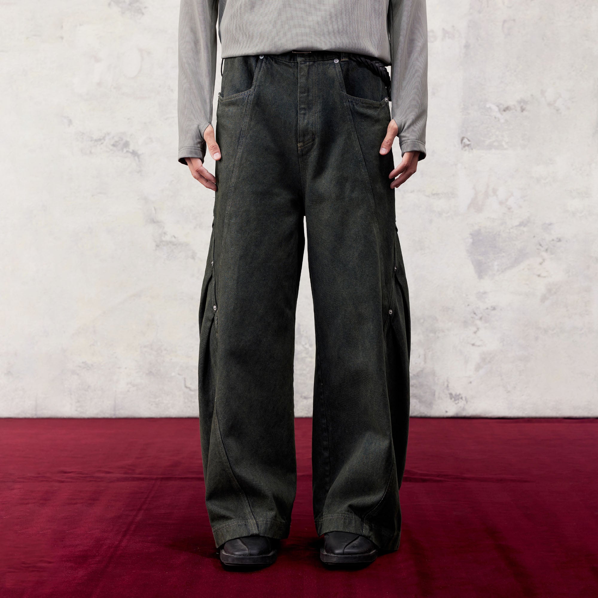 ALVNG AR ANTS Slanted Rivet-Paneled Jeans, premium urban and streetwear designers apparel on PROJECTISR.com, ALVNG AR ANTS