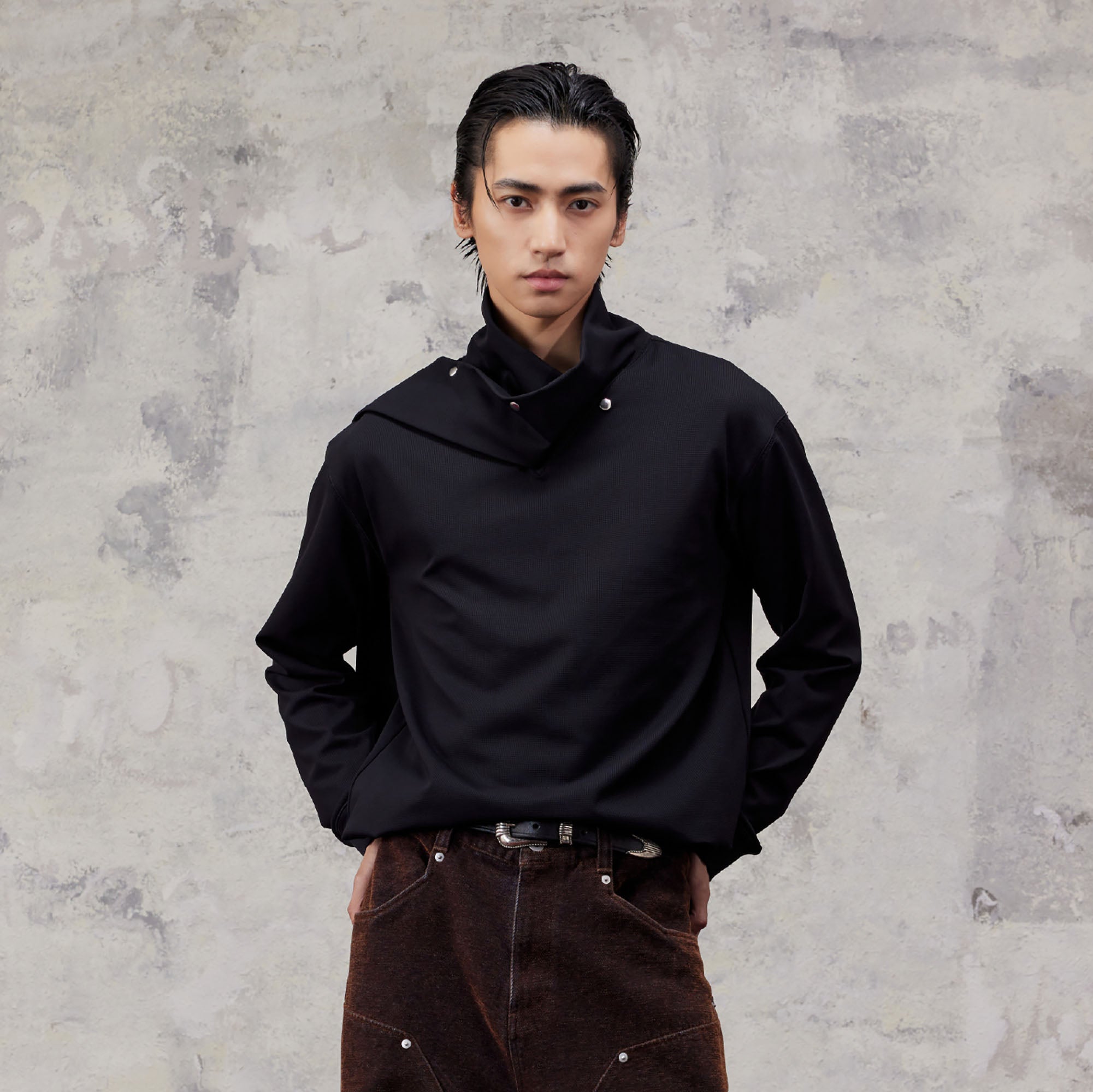 ALVNG AR ANTS Asymmetric Scarf-Neck High-Collar Pullover, premium urban and streetwear designers apparel on PROJECTISR.com, ALVNG AR ANTS