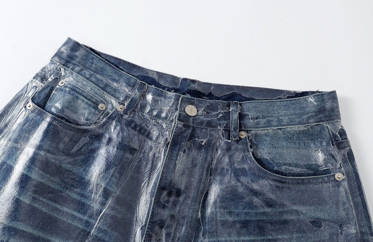 REBEL WAVE Frayed Raw-Edge Wax-Coated Flared Jeans
