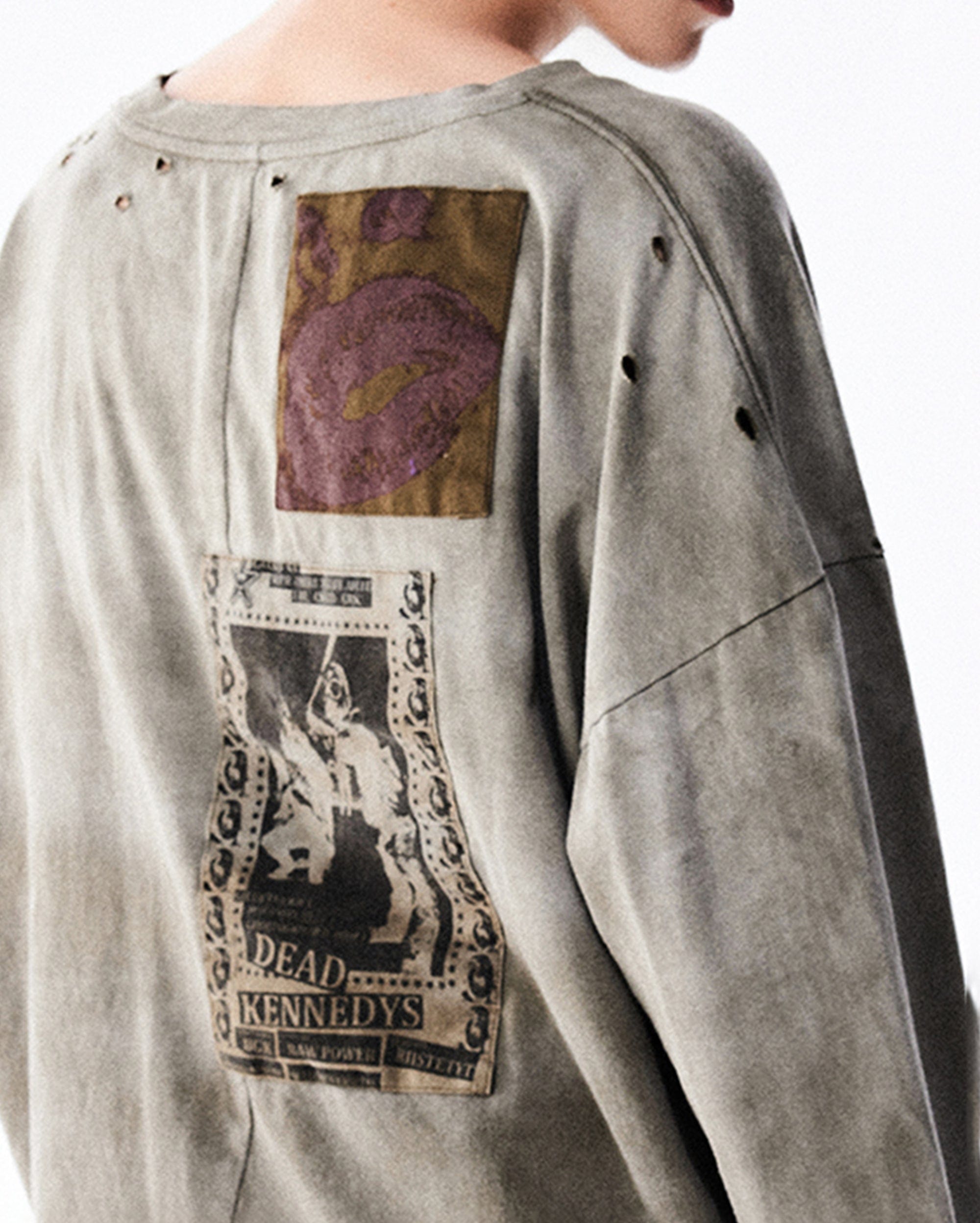 RICHILL Patchwork Ripped Washed Long-Sleeve Tee