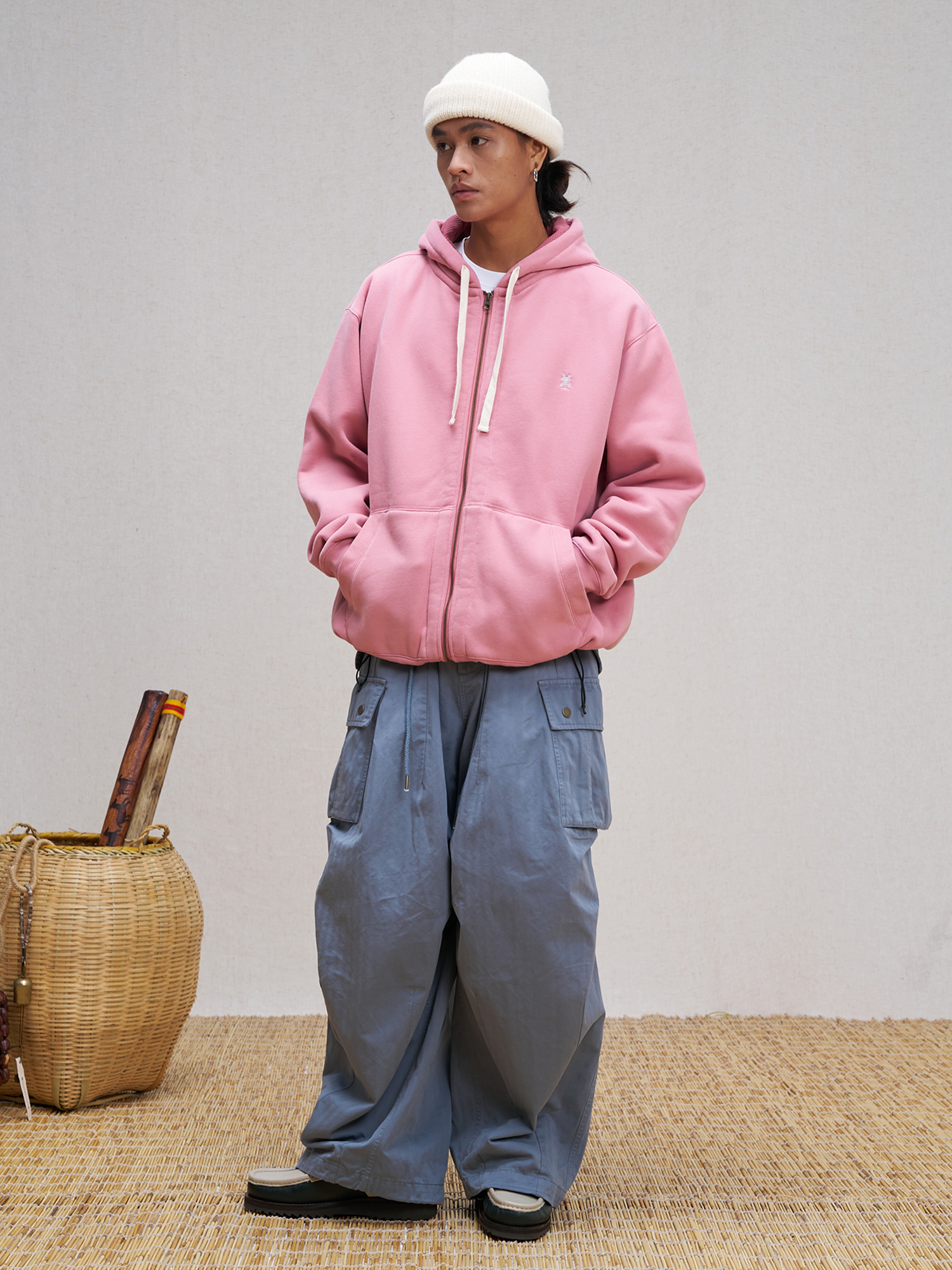UNLIMITED MOTE Embroidered Waffle Lining Drawstring Hood Jacket