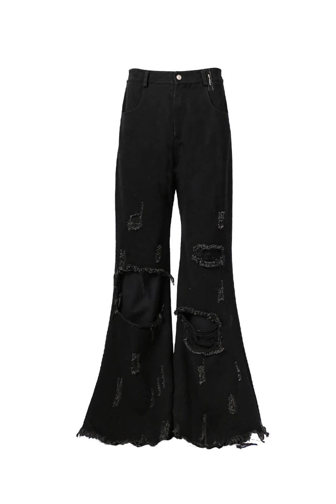 RELABEL Distressed Frayed Double-Layered Flare Pants, premium urban and streetwear designers apparel on PROJECTISR.com, RELABEL
