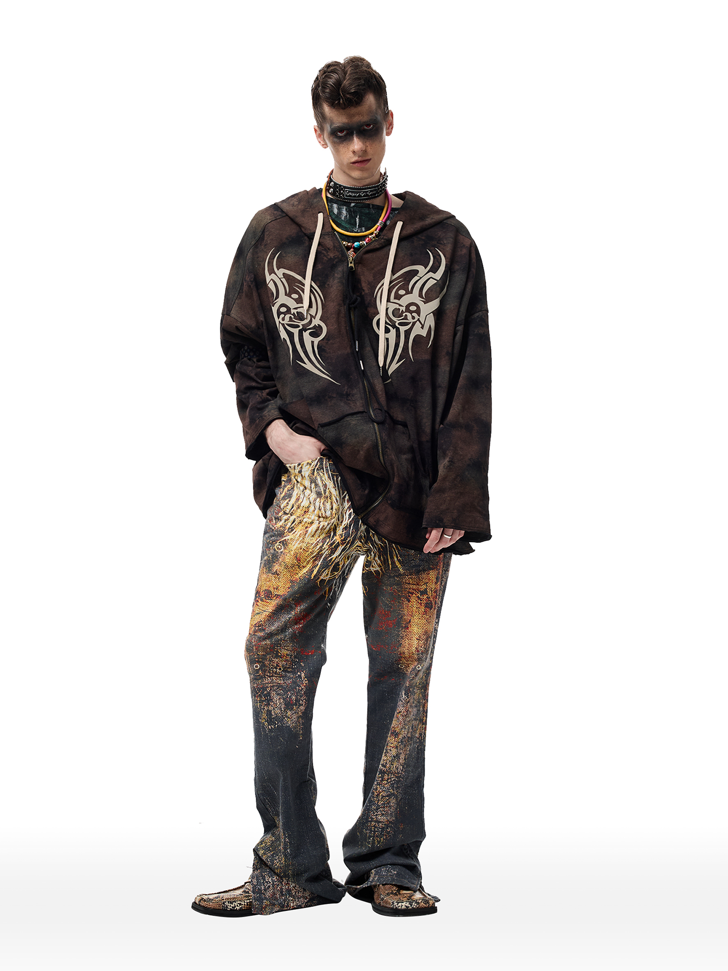 CYCYCY Feather Full-Print Slim Flared Jeans