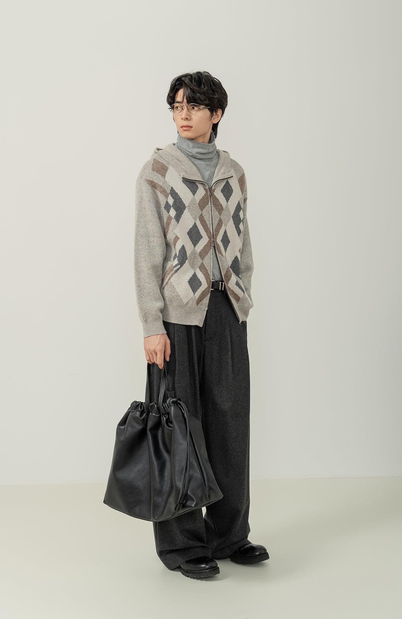 MOITIEDEPETALE Argyle Dual Zip Hooded Cardigan