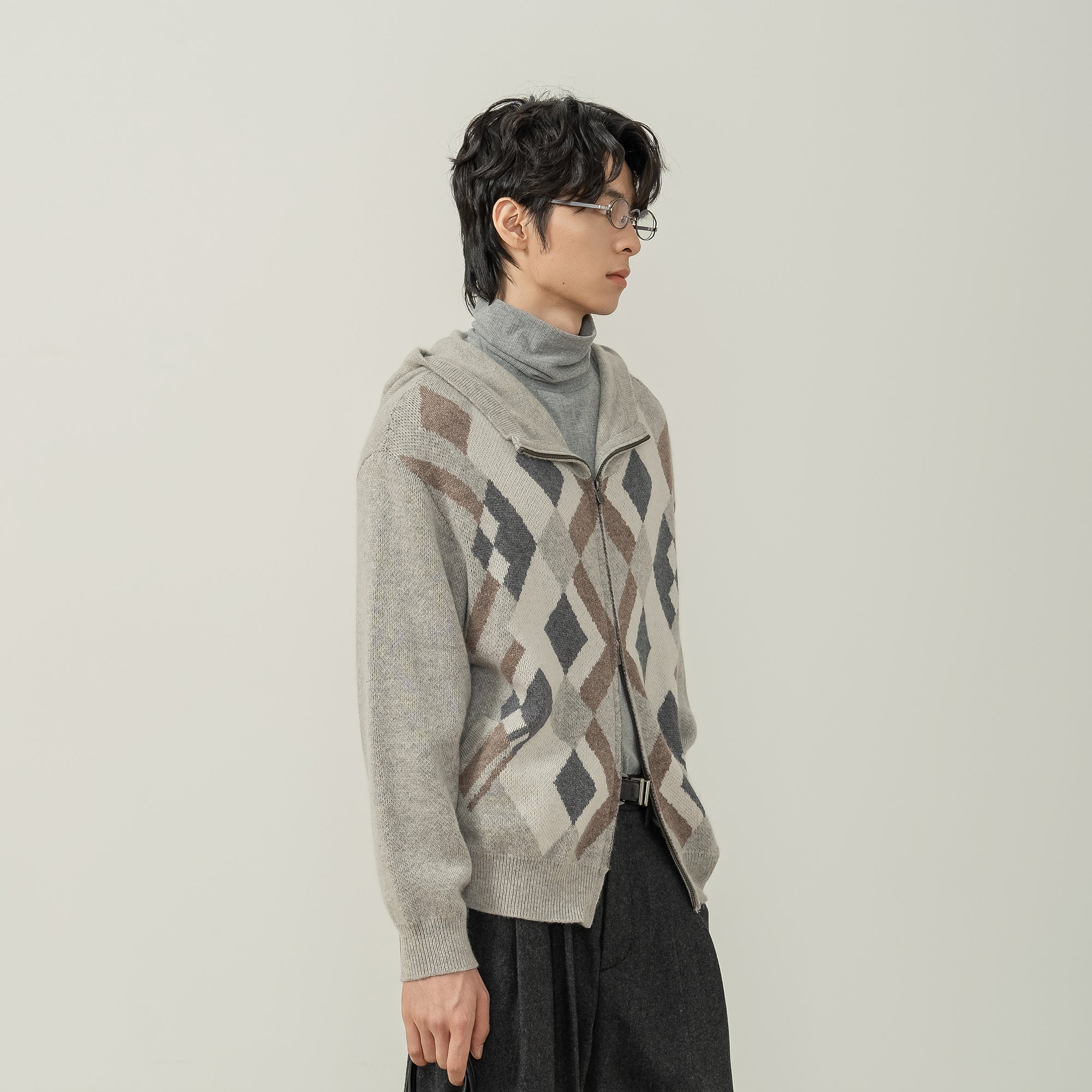 MOITIEDEPETALE Argyle Dual Zip Hooded Cardigan
