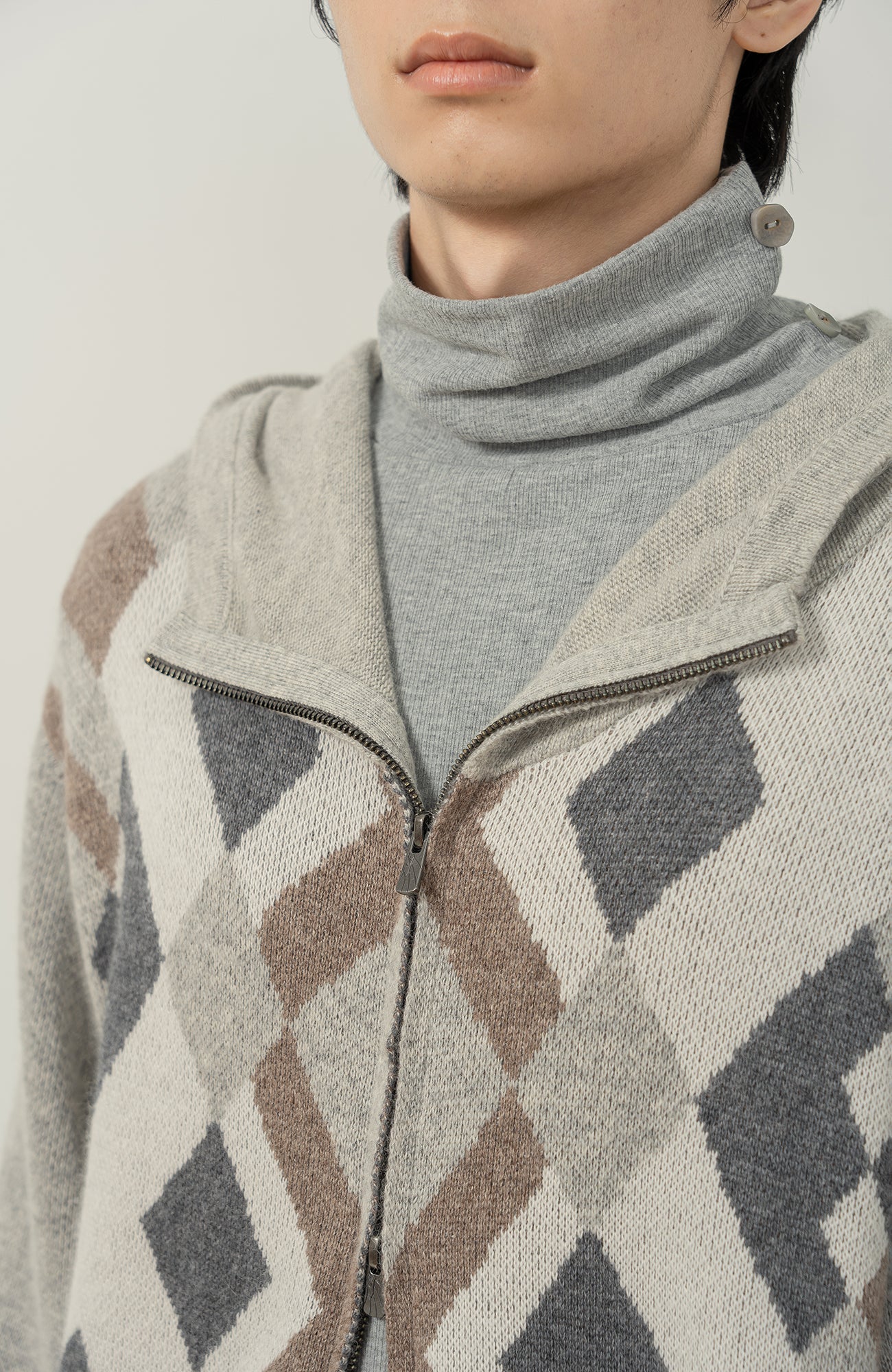 MOITIEDEPETALE Argyle Dual Zip Hooded Cardigan