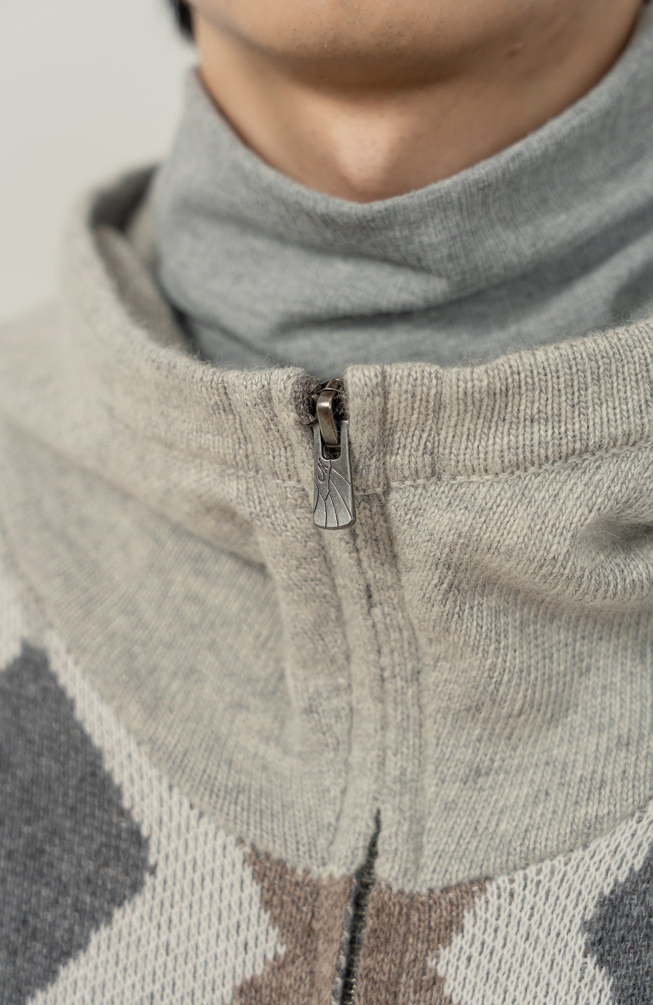 MOITIEDEPETALE Argyle Dual Zip Hooded Cardigan