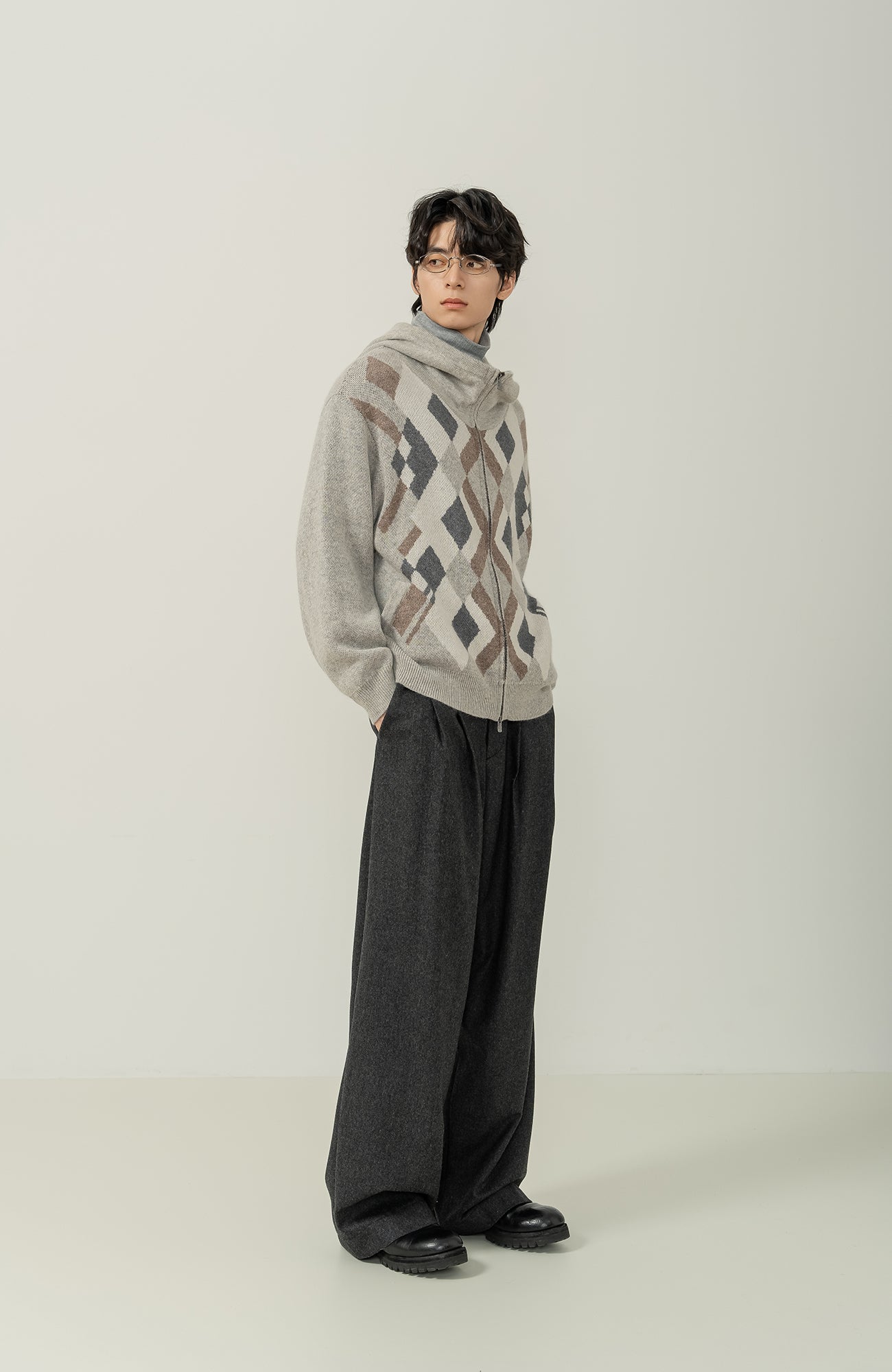 MOITIEDEPETALE Argyle Dual Zip Hooded Cardigan