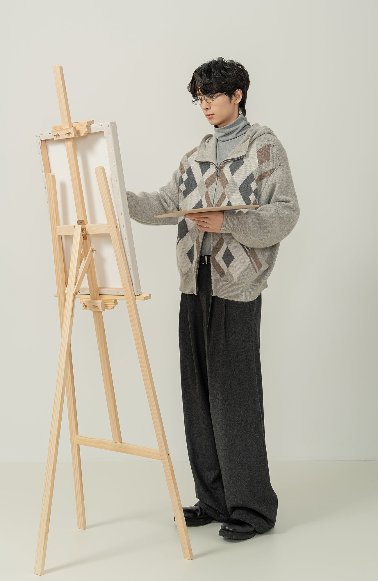 MOITIEDEPETALE Argyle Dual Zip Hooded Cardigan