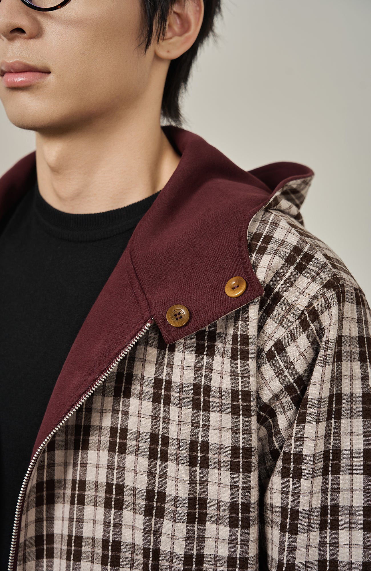 MOITIEDEPETALE Reversible Plaid Liner Hooded Jacket