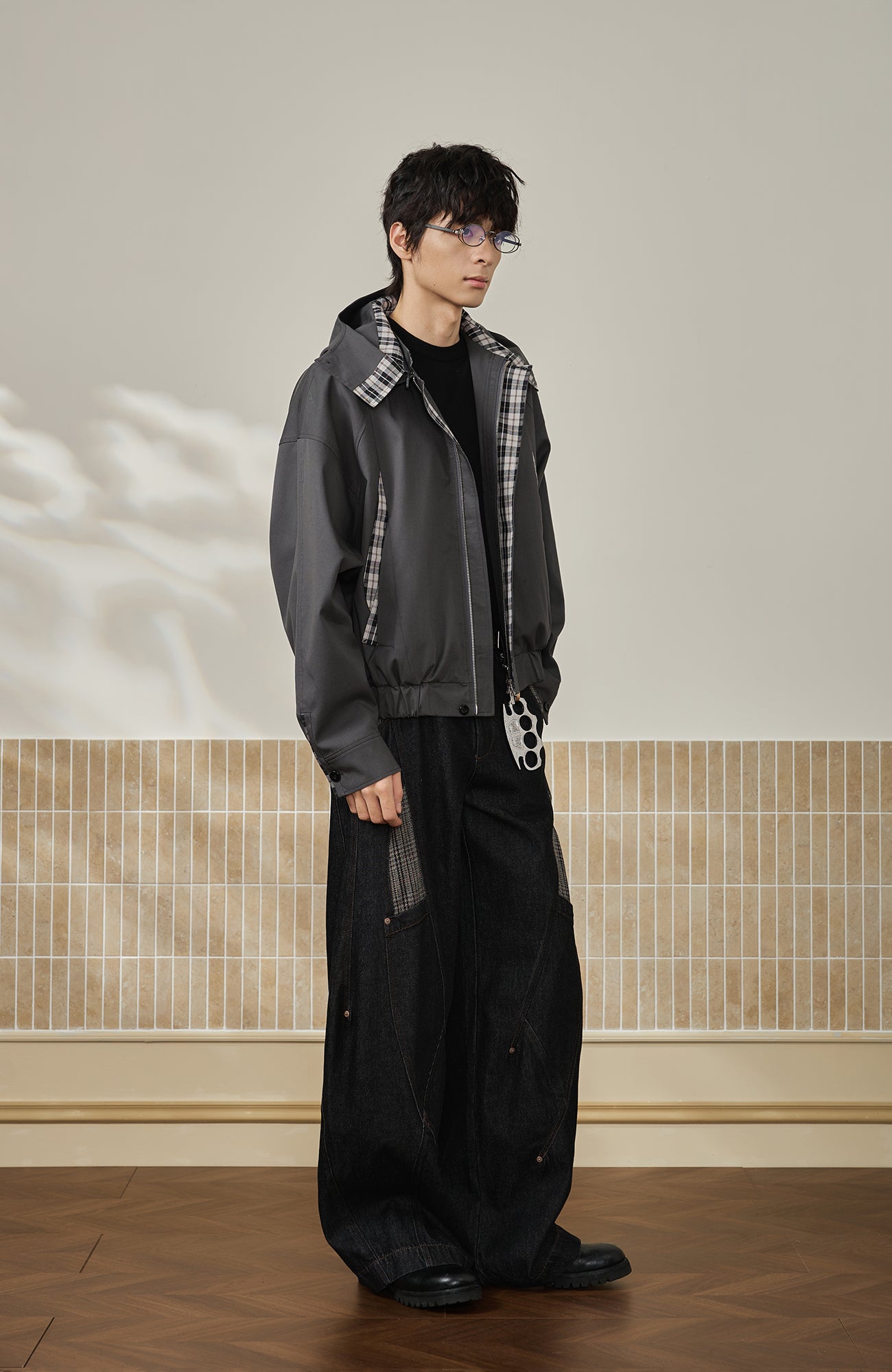 MOITIEDEPETALE Convertible Collar & Hood Plaid Pocket Jacket