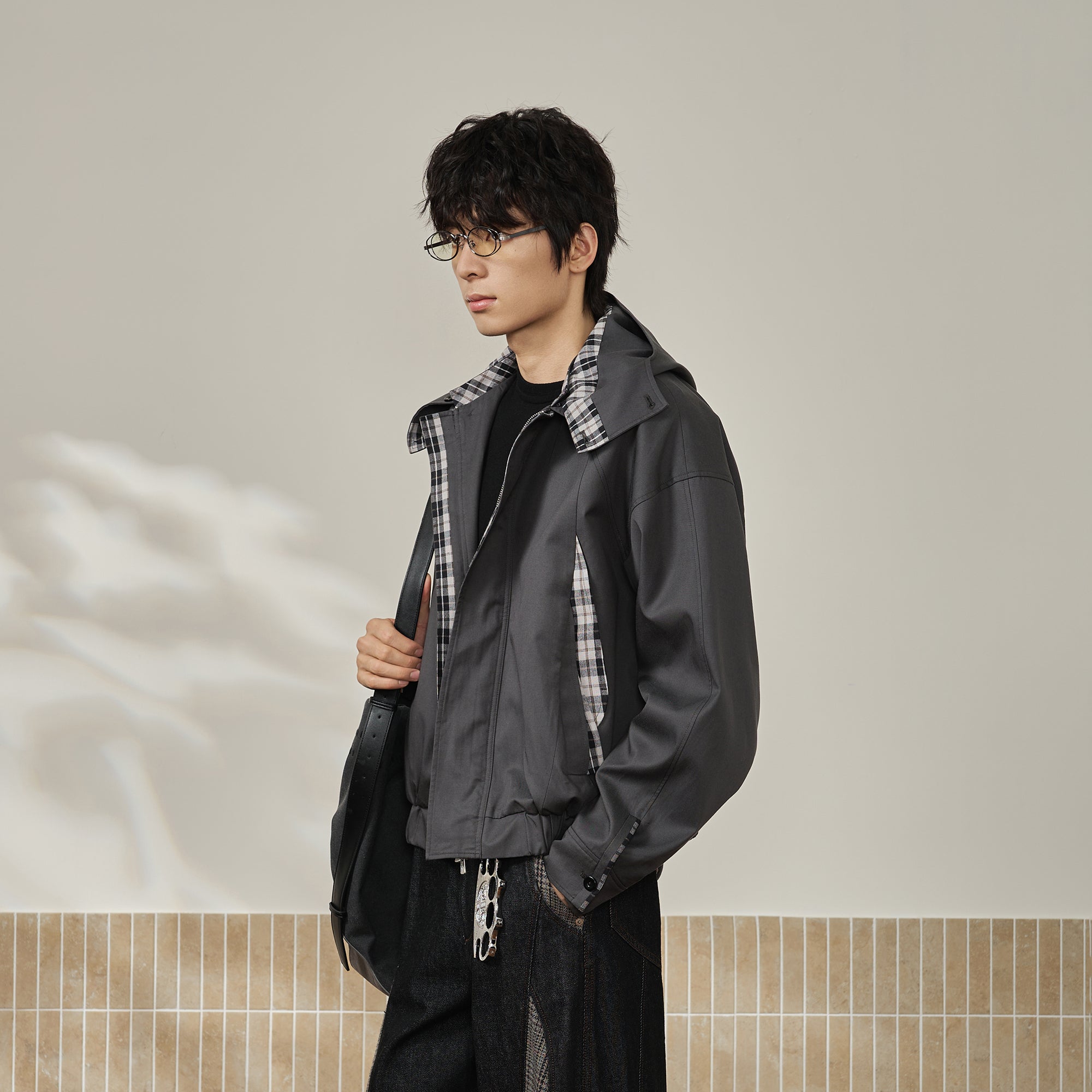 MOITIEDEPETALE Convertible Collar & Hood Plaid Pocket Jacket