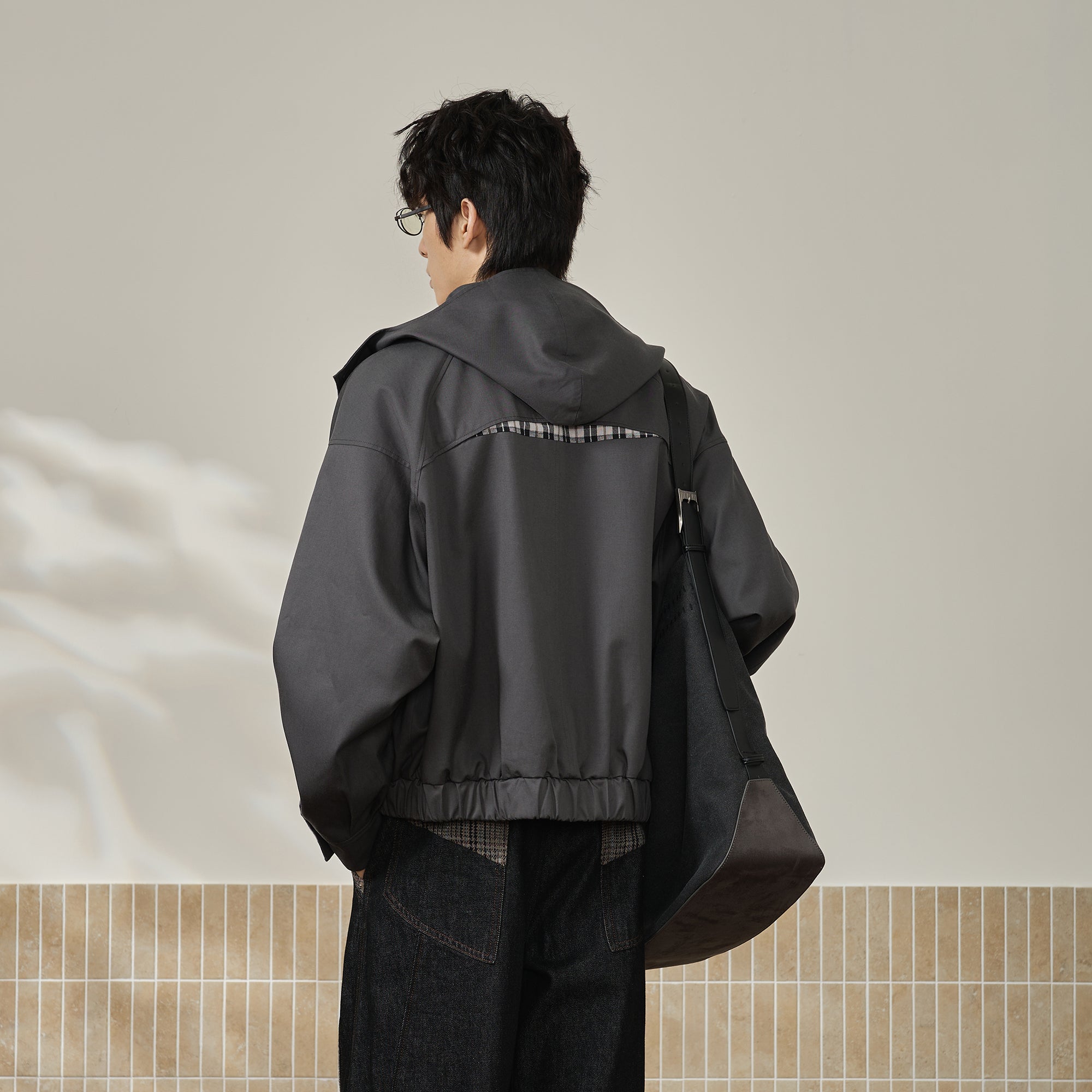 MOITIEDEPETALE Convertible Collar & Hood Plaid Pocket Jacket