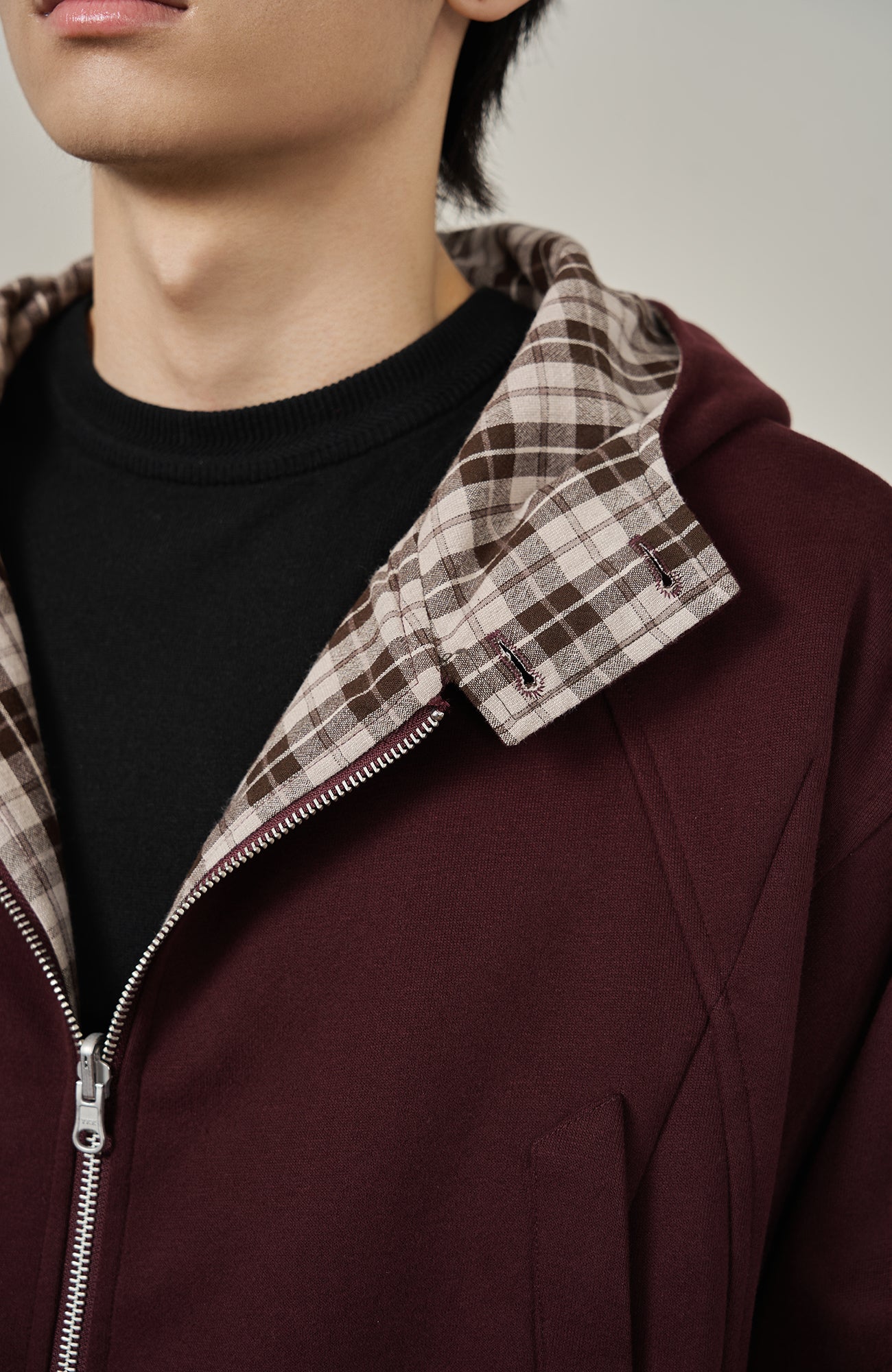 MOITIEDEPETALE Reversible Plaid Liner Hooded Jacket