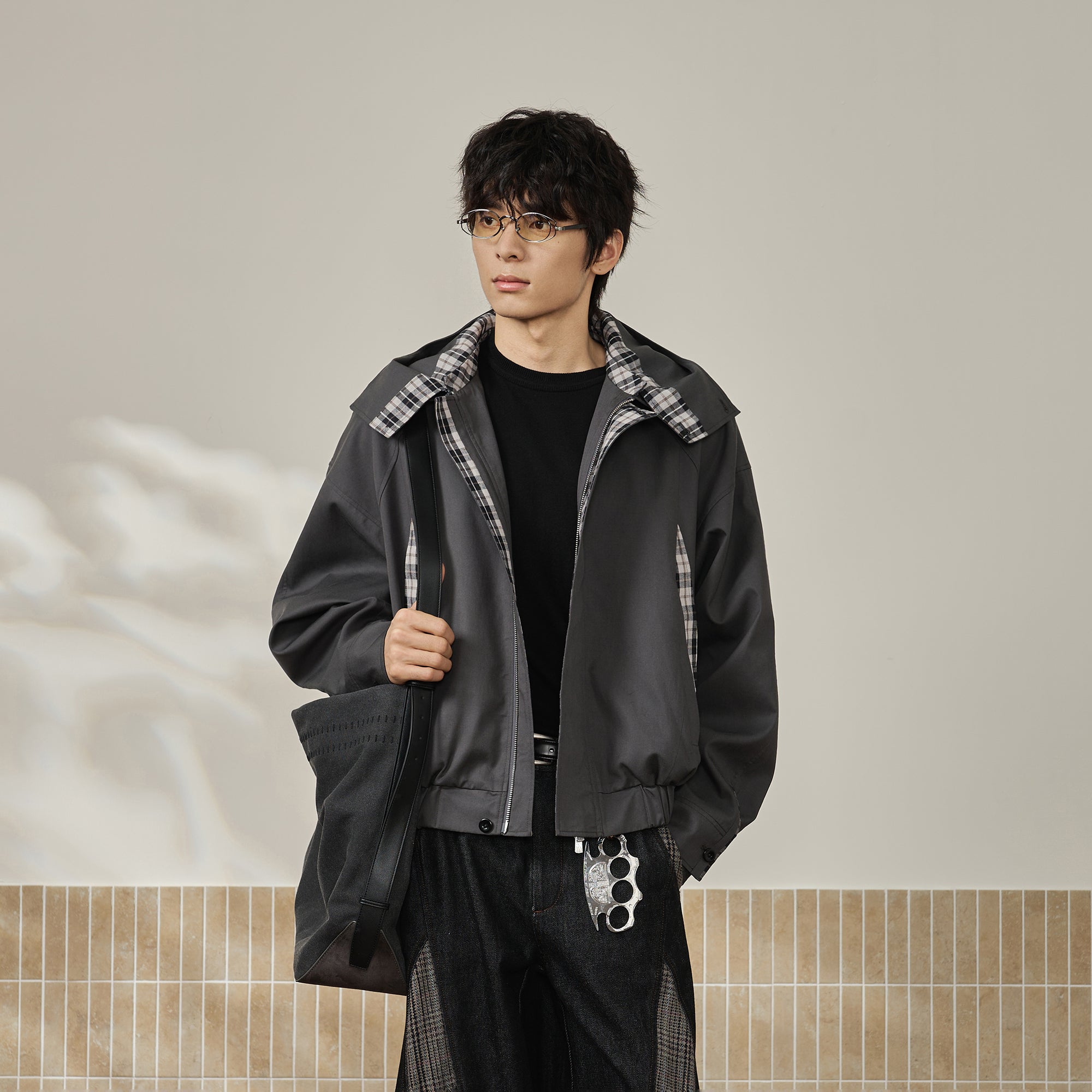 MOITIEDEPETALE Convertible Collar & Hood Plaid Pocket Jacket