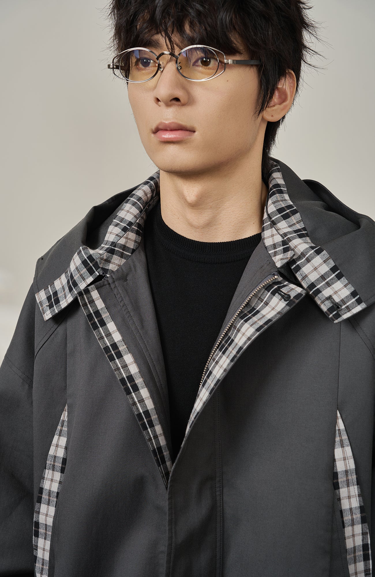 MOITIEDEPETALE Convertible Collar & Hood Plaid Pocket Jacket