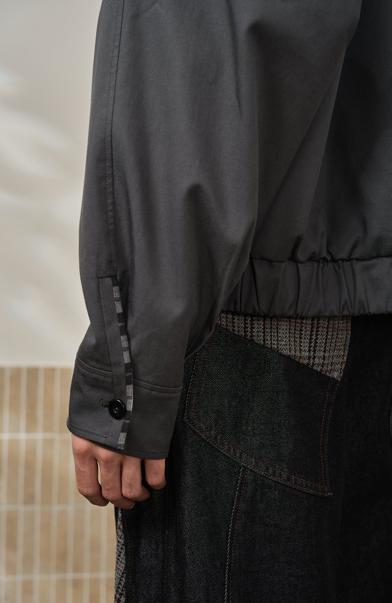 MOITIEDEPETALE Convertible Collar & Hood Plaid Pocket Jacket