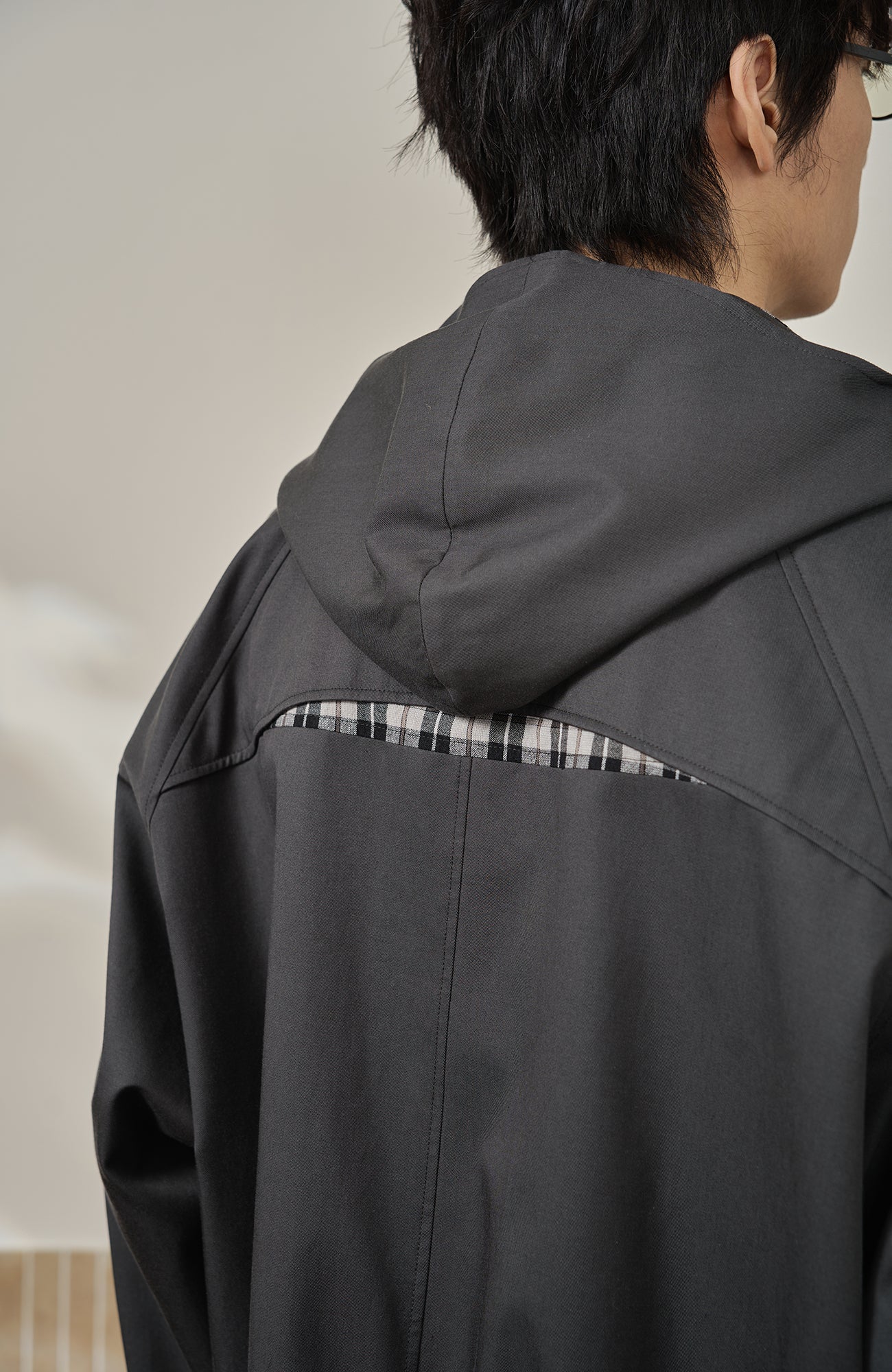 MOITIEDEPETALE Convertible Collar & Hood Plaid Pocket Jacket