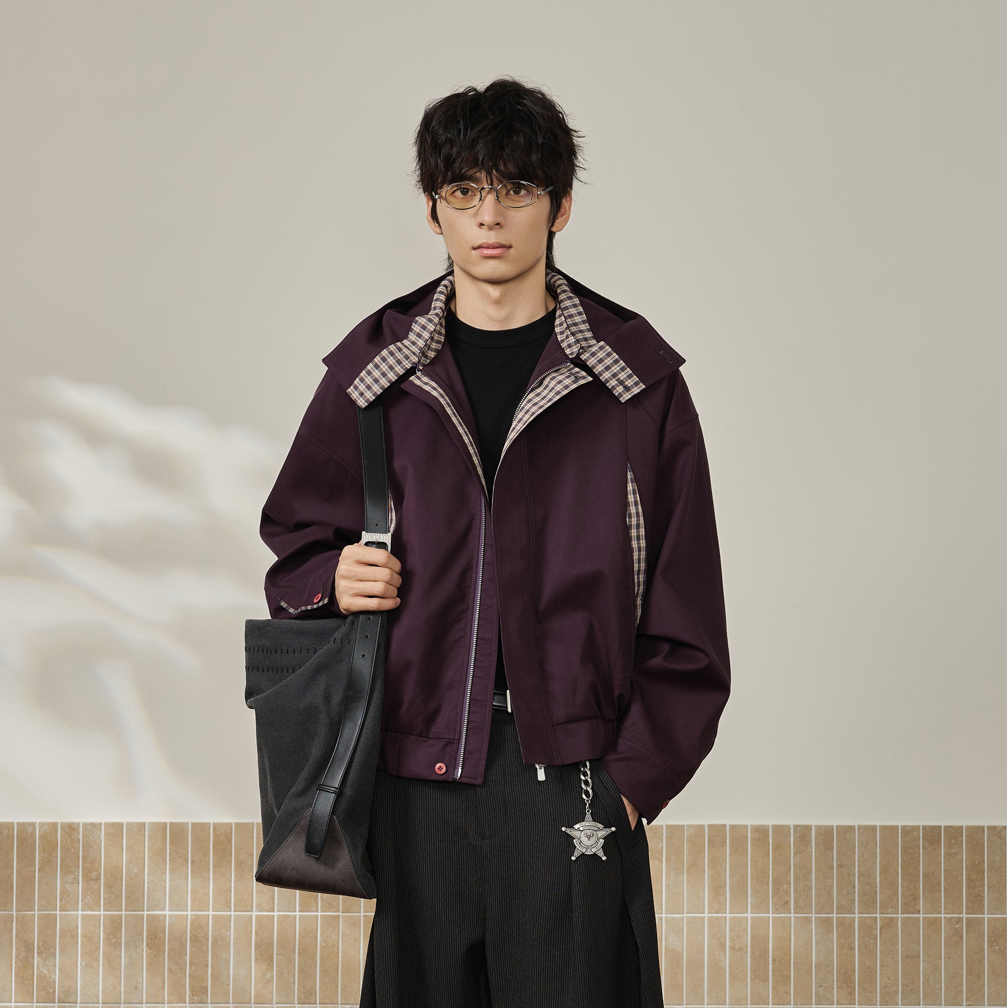 MOITIEDEPETALE Convertible Collar & Hood Plaid Pocket Jacket