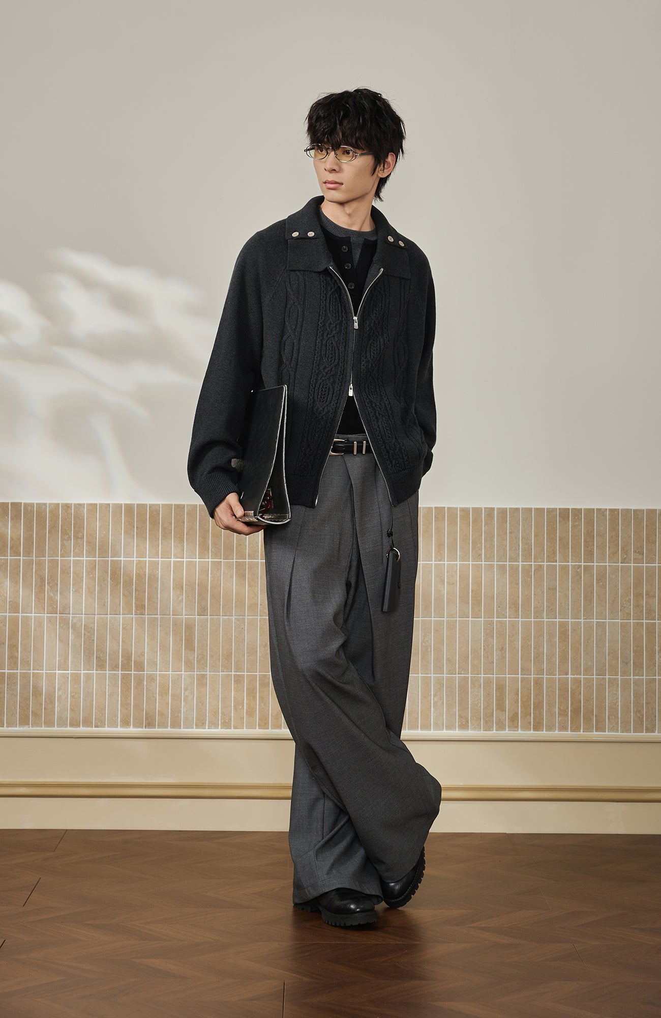 MOITIEDEPETALE Modern Cable-Knit Zip-Up Cardigan