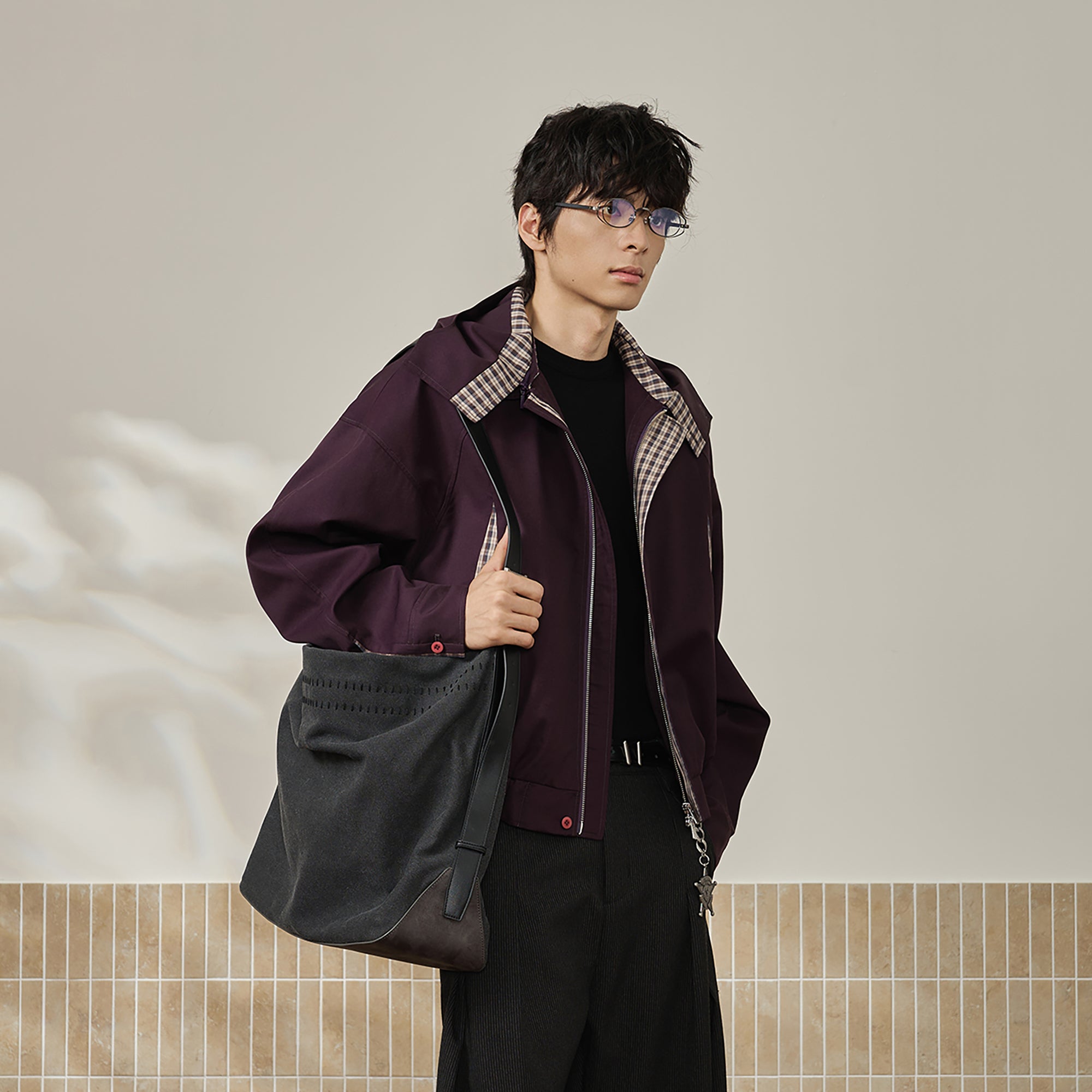 MOITIEDEPETALE Convertible Collar & Hood Plaid Pocket Jacket