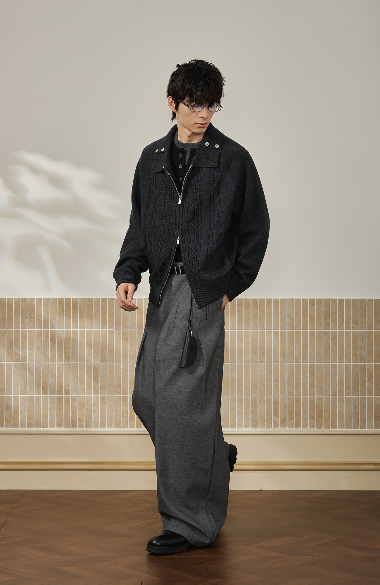 MOITIEDEPETALE Modern Cable-Knit Zip-Up Cardigan