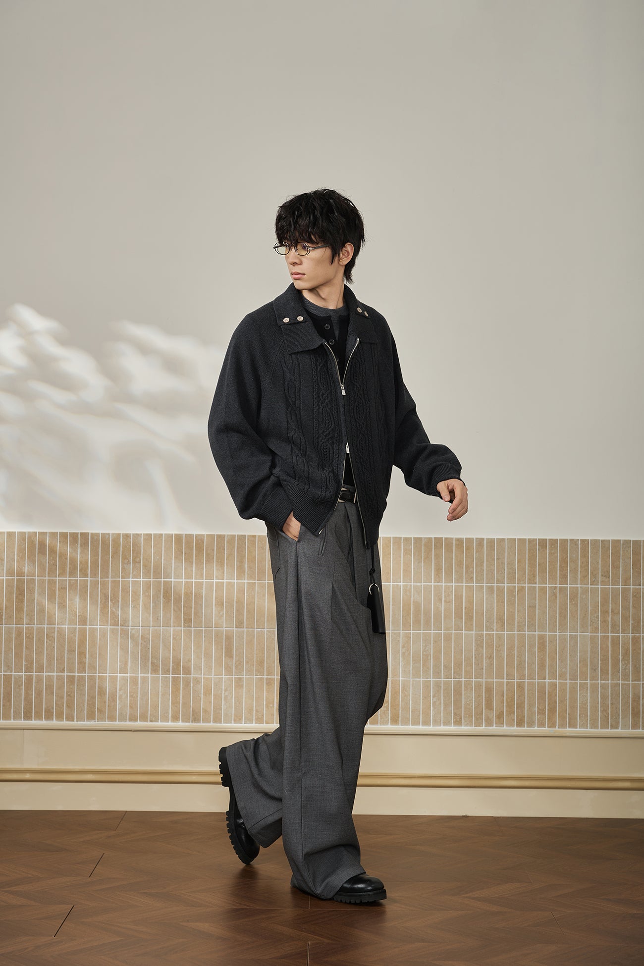 MOITIEDEPETALE Modern Cable-Knit Zip-Up Cardigan