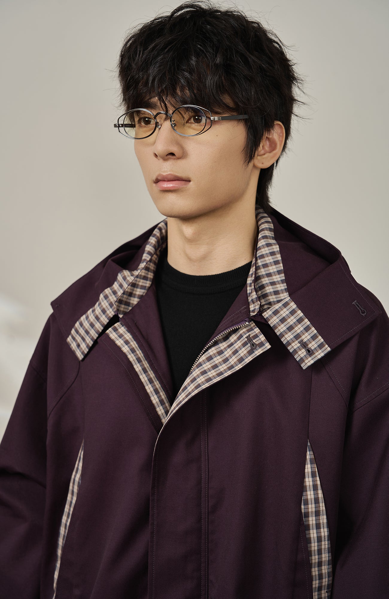 MOITIEDEPETALE Convertible Collar & Hood Plaid Pocket Jacket