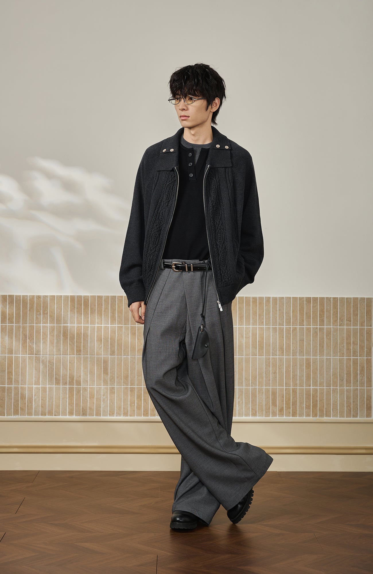 MOITIEDEPETALE Modern Cable-Knit Zip-Up Cardigan