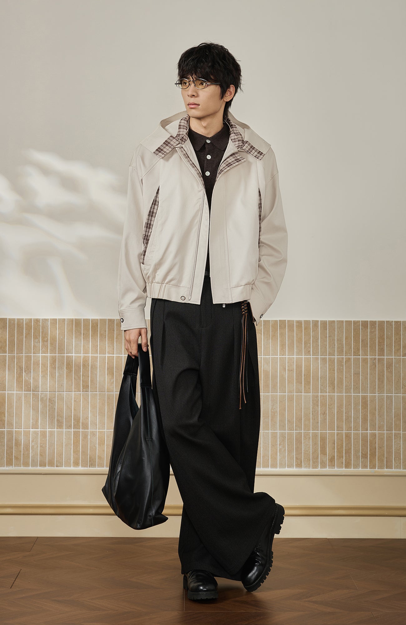 MOITIEDEPETALE Convertible Collar & Hood Plaid Pocket Jacket