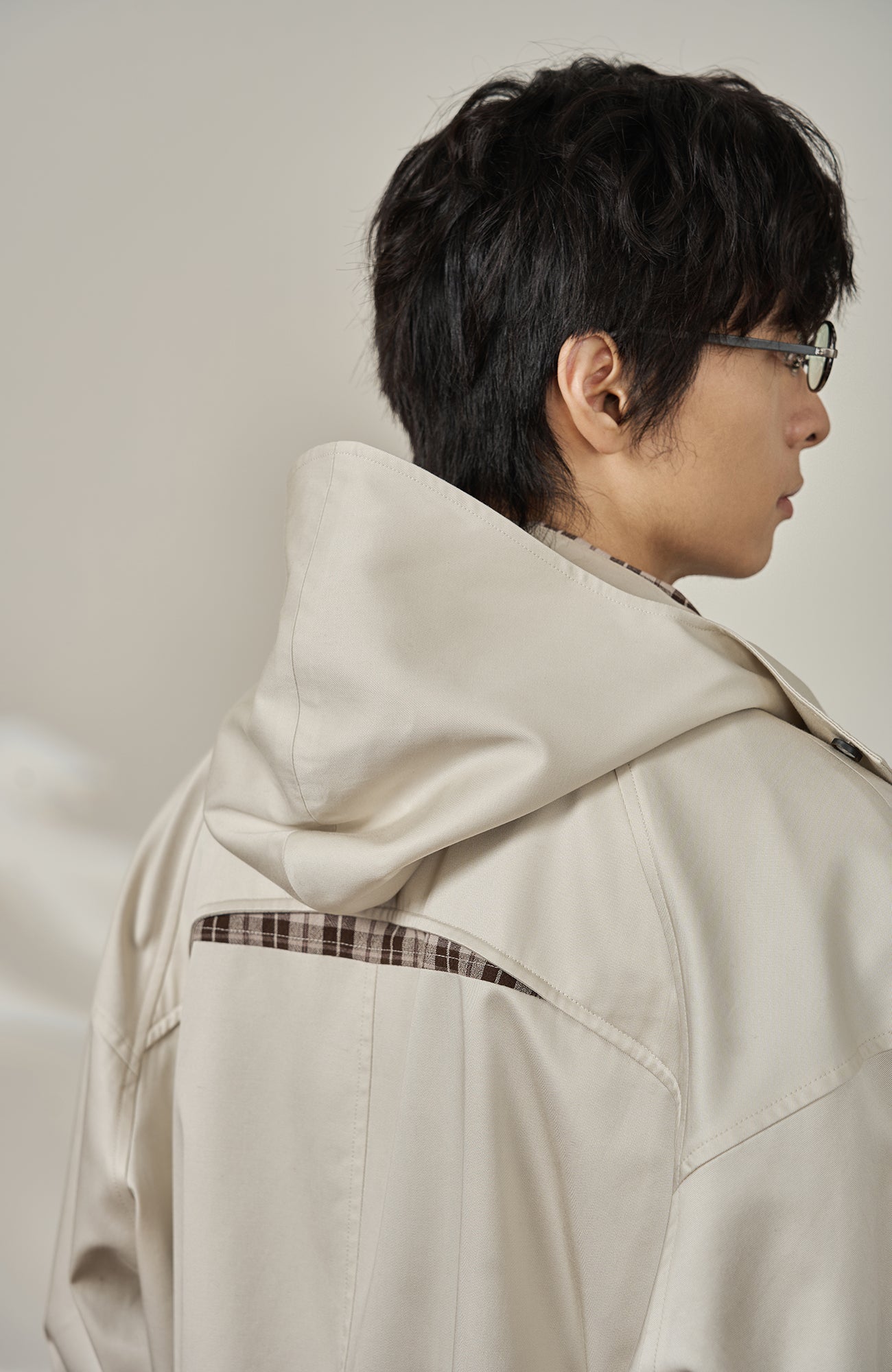 MOITIEDEPETALE Convertible Collar & Hood Plaid Pocket Jacket