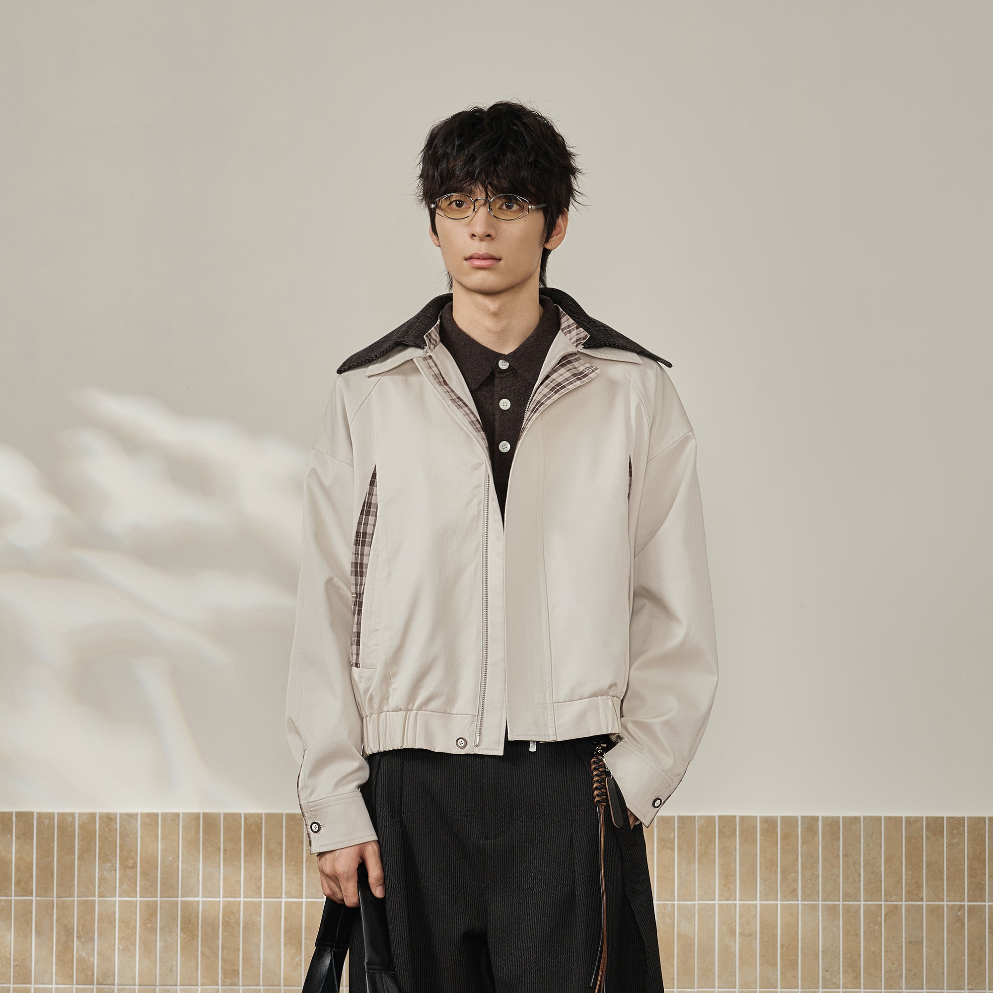 MOITIEDEPETALE Convertible Collar & Hood Plaid Pocket Jacket